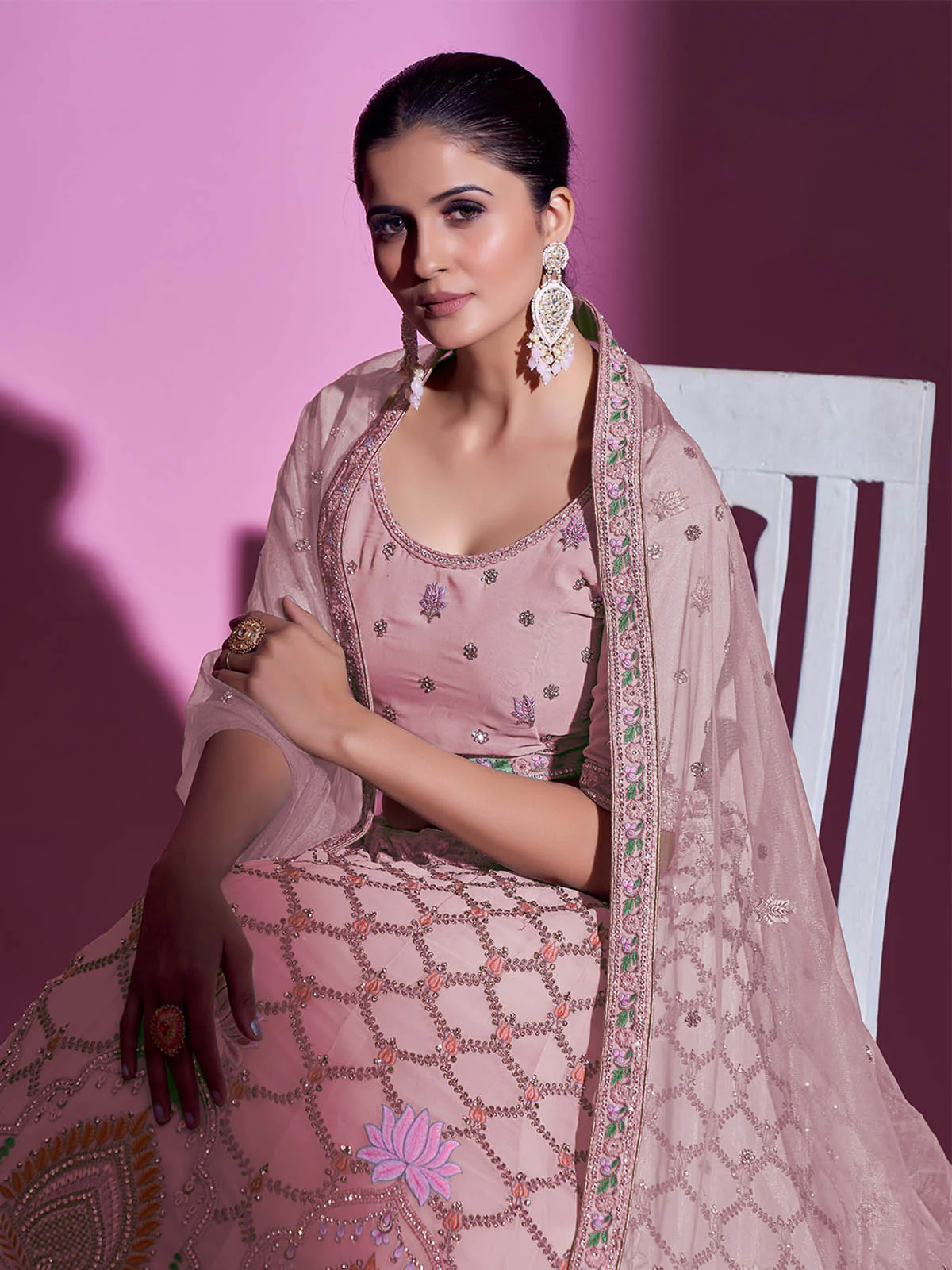 Odette Women Peach Georgette Embroidered Semi Stitched Lehenga With Unstitched Blouse - Image 6