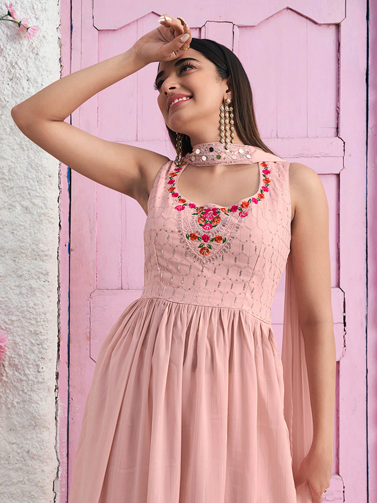 Odette Women Peach Georgette Embroidered Stitched  Salwar Suit - Image 3