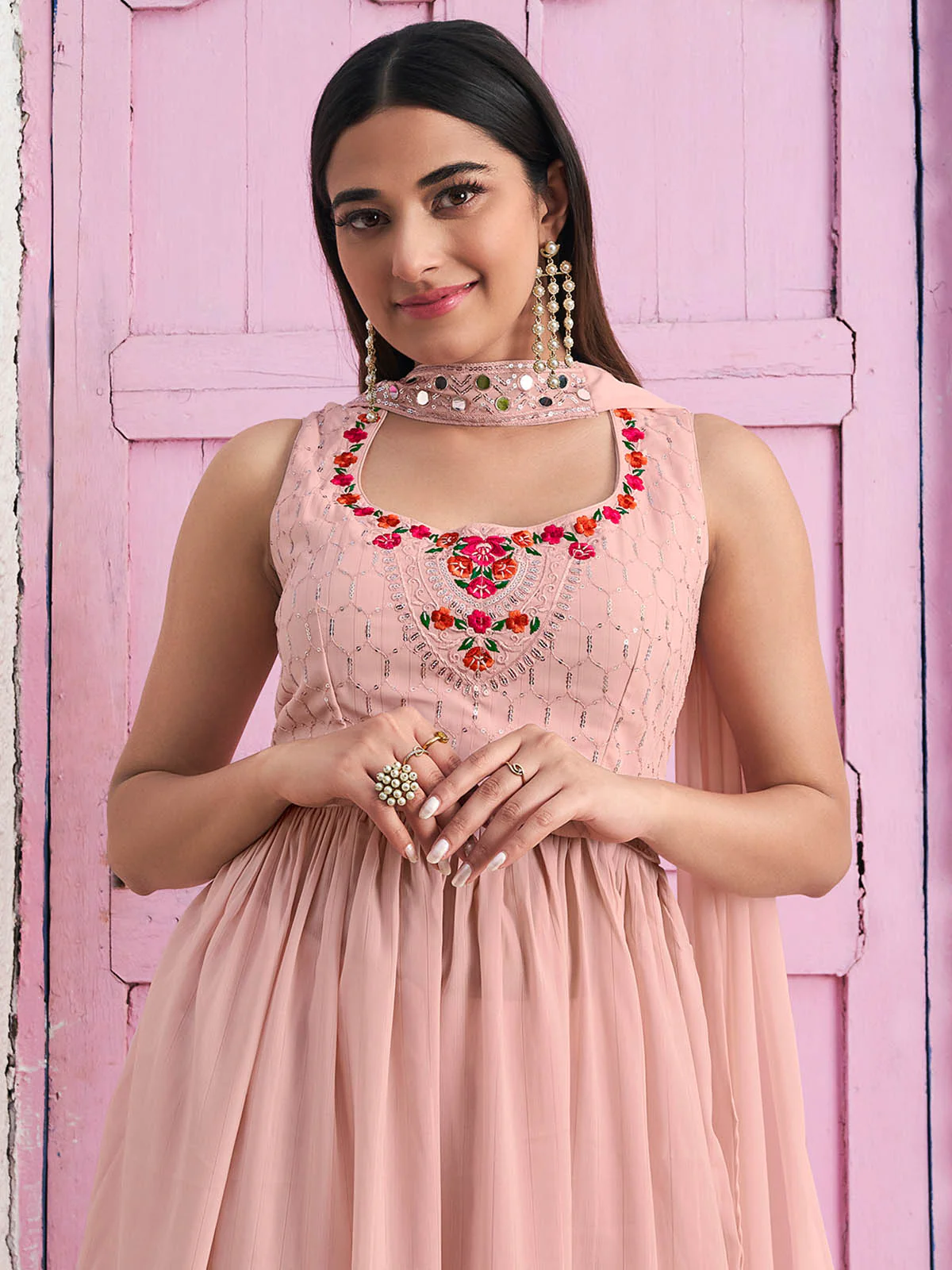 Odette Women Peach Georgette Embroidered Stitched  Salwar Suit - Image 4