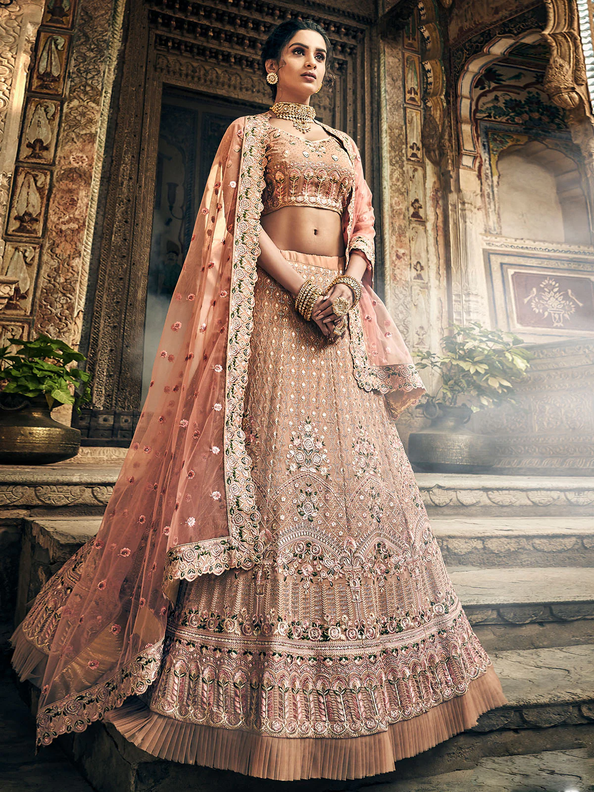 Odette Women Peach Georgette Semi Stitched Lehenga With Unstitched Blouse - Image 3