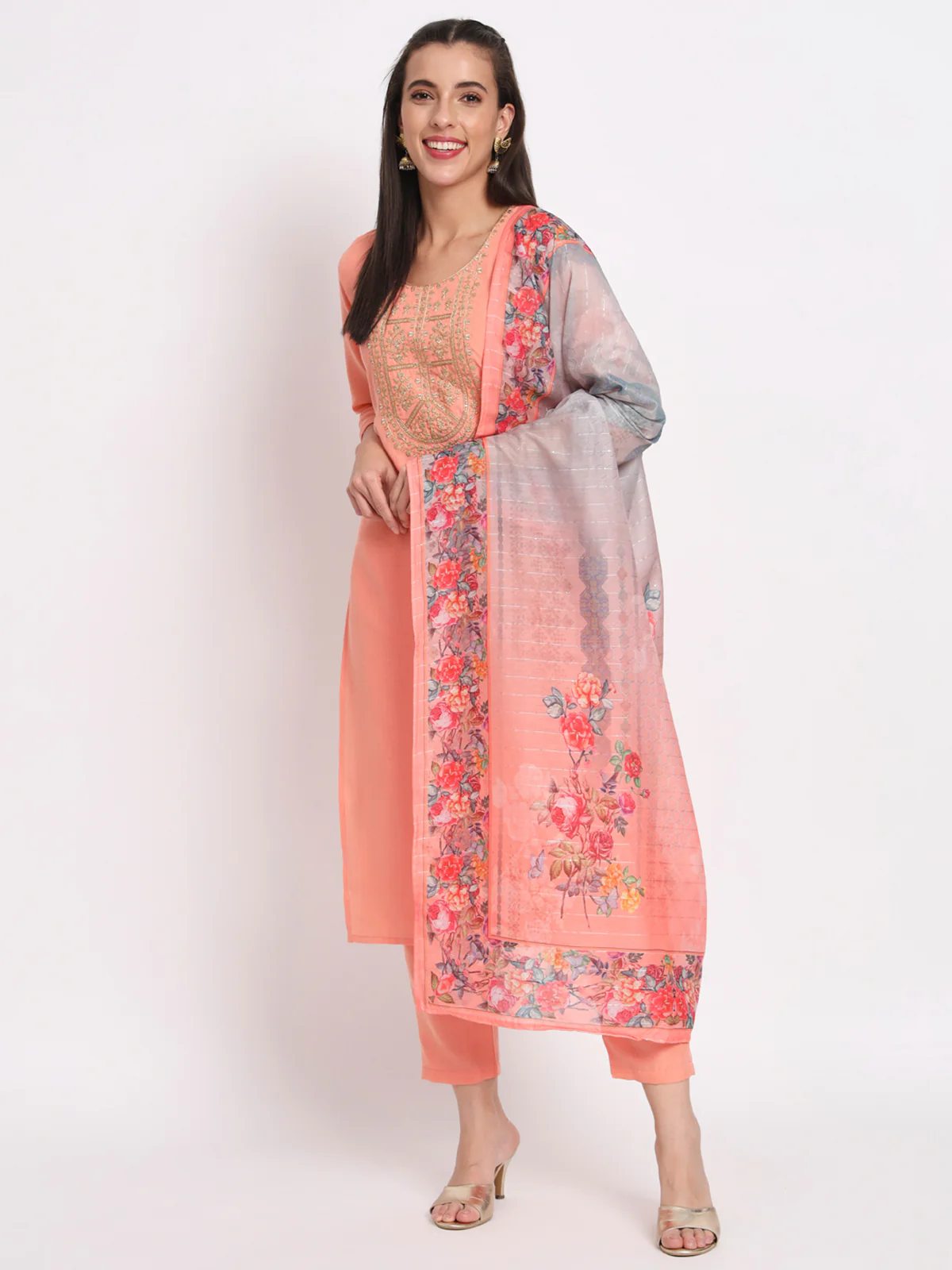Odette Women Peach Cotton Blend Embroidered Stitched Kurta Set - Image 2
