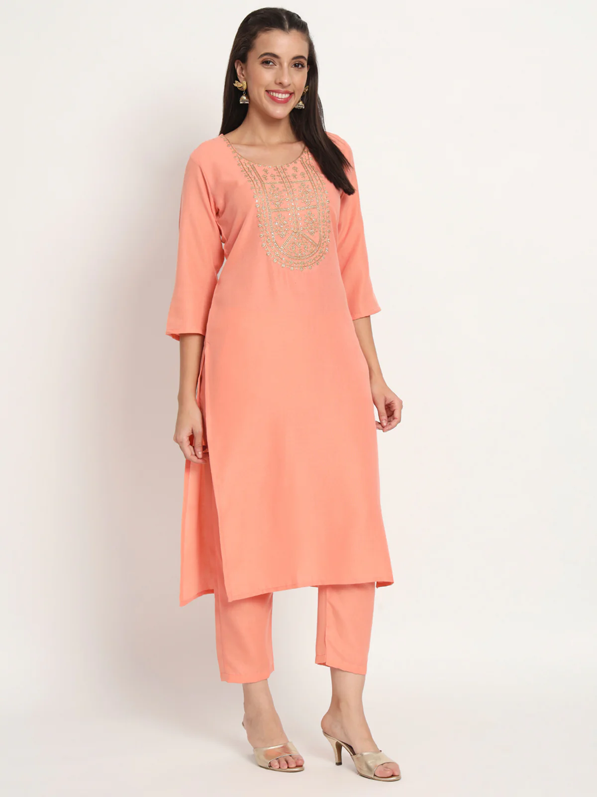 Odette Women Peach Cotton Blend Embroidered Stitched Kurta Set - Image 3