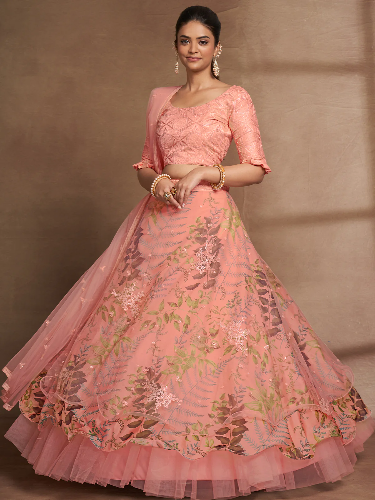 Odette Women Peach Net Print With Sequins Semi Stitched Lehenga Choli