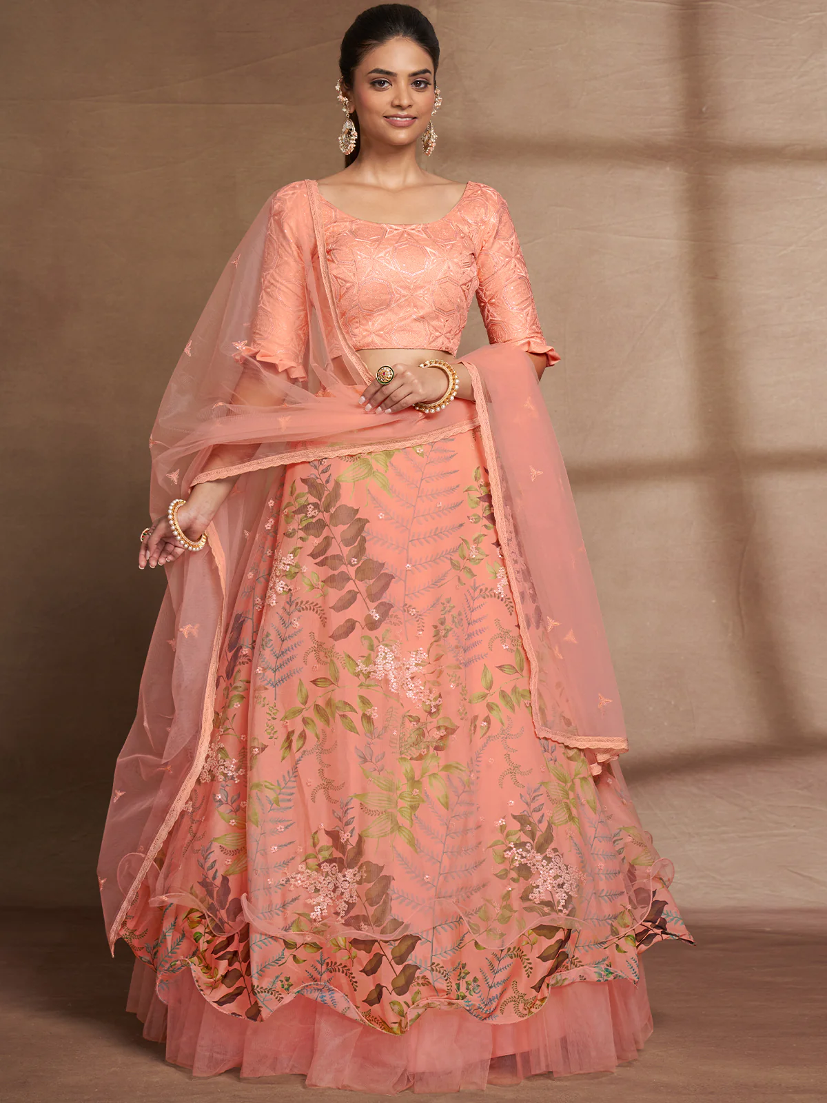 Odette Women Peach Net Print With Sequins Semi Stitched Lehenga Choli - Image 2