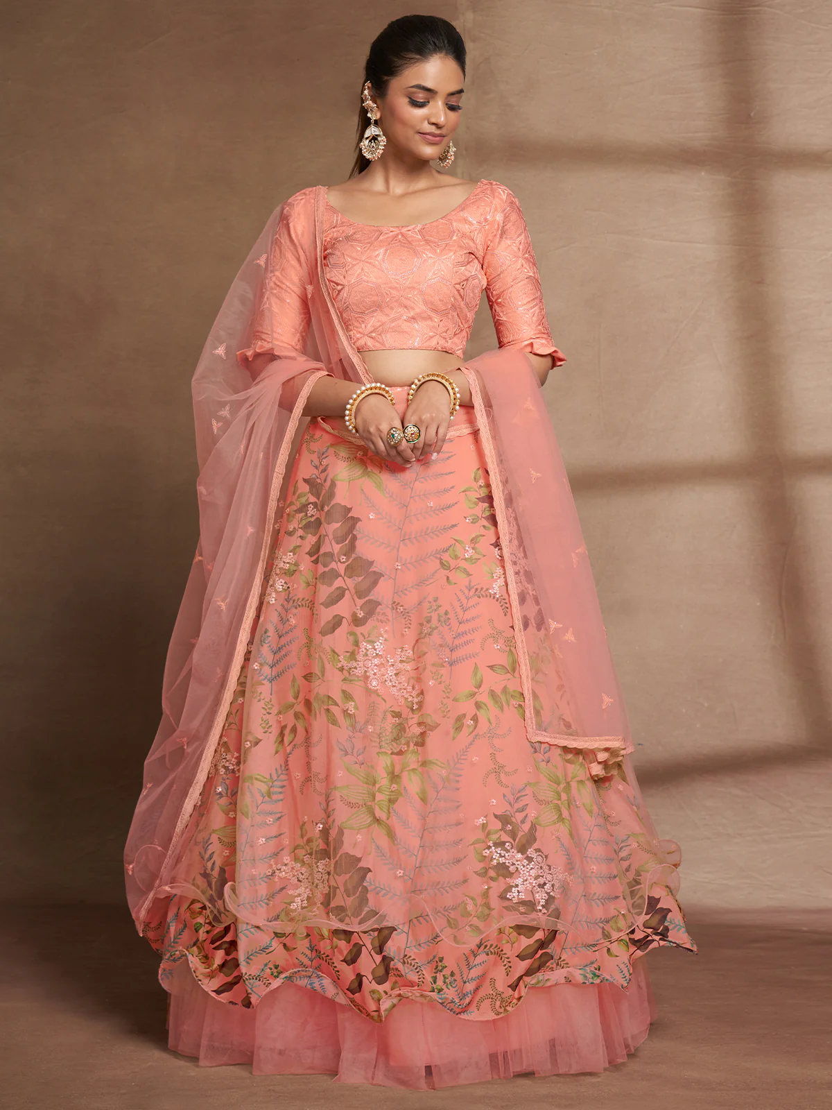 Odette Women Peach Net Print With Sequins Semi Stitched Lehenga Choli - Image 3