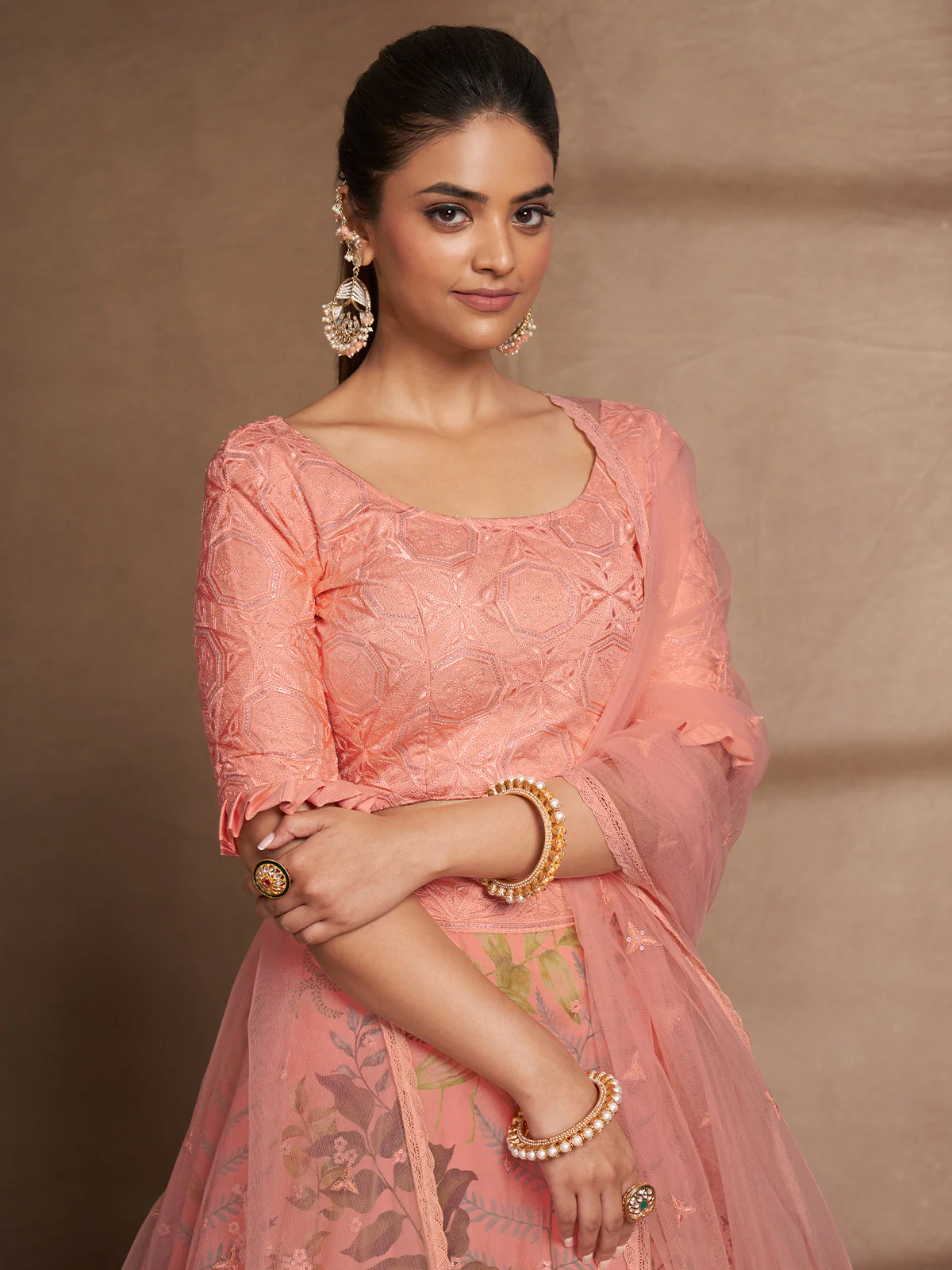 Odette Women Peach Net Print With Sequins Semi Stitched Lehenga Choli - Image 5