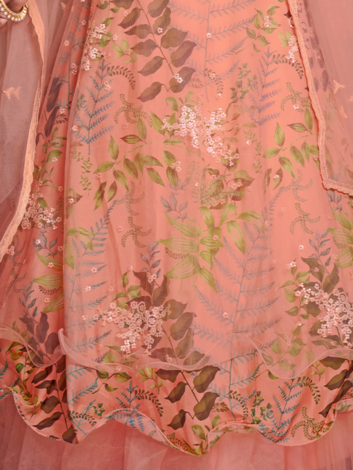 Odette Women Peach Net Print With Sequins Semi Stitched Lehenga Choli - Image 6