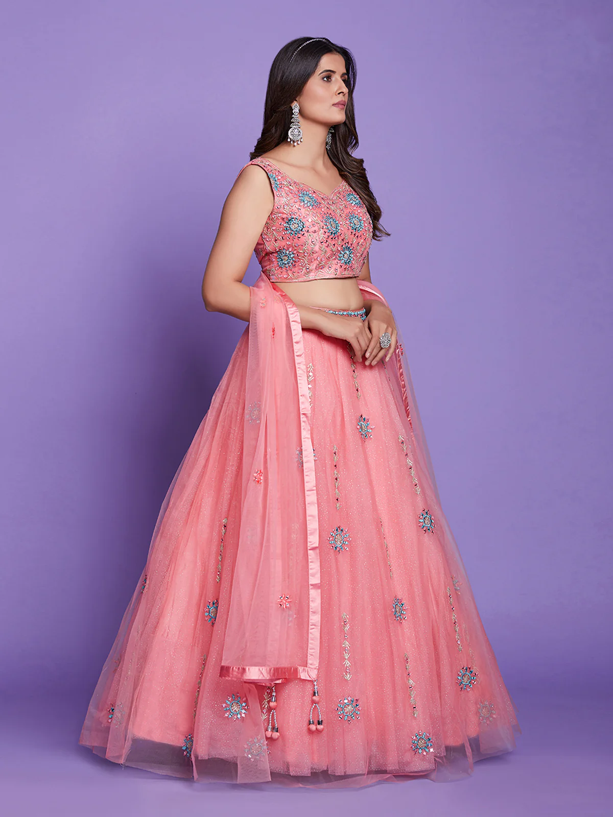 Odette Women Peach Net Stitched Lehenga Choli Set - Image 2