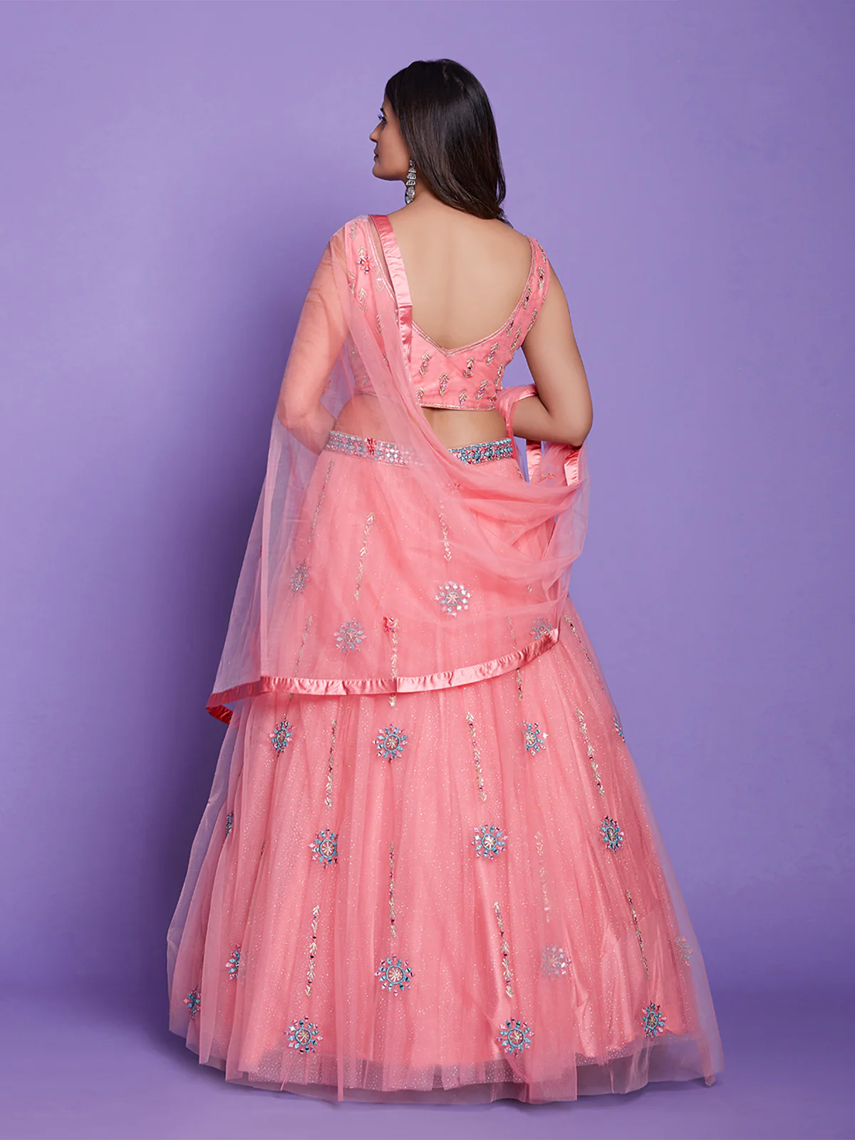 Odette Women Peach Net Stitched Lehenga Choli Set - Image 3