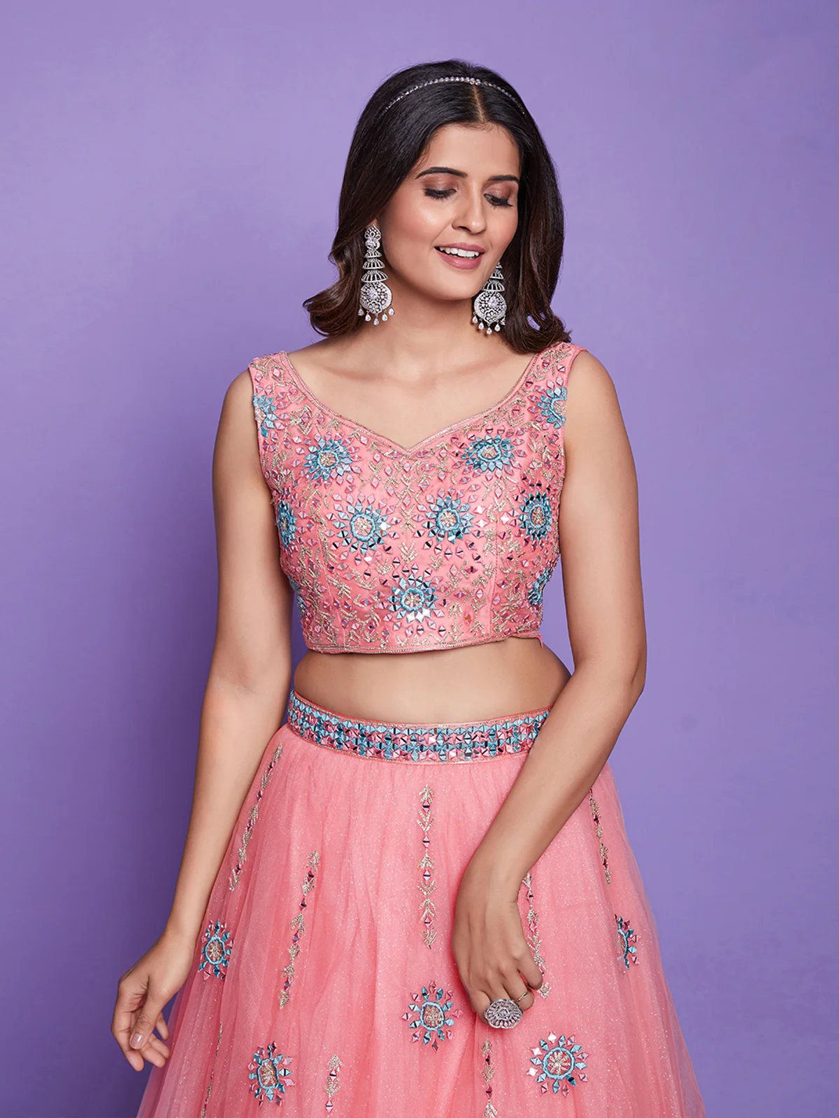 Odette Women Peach Net Stitched Lehenga Choli Set - Image 4