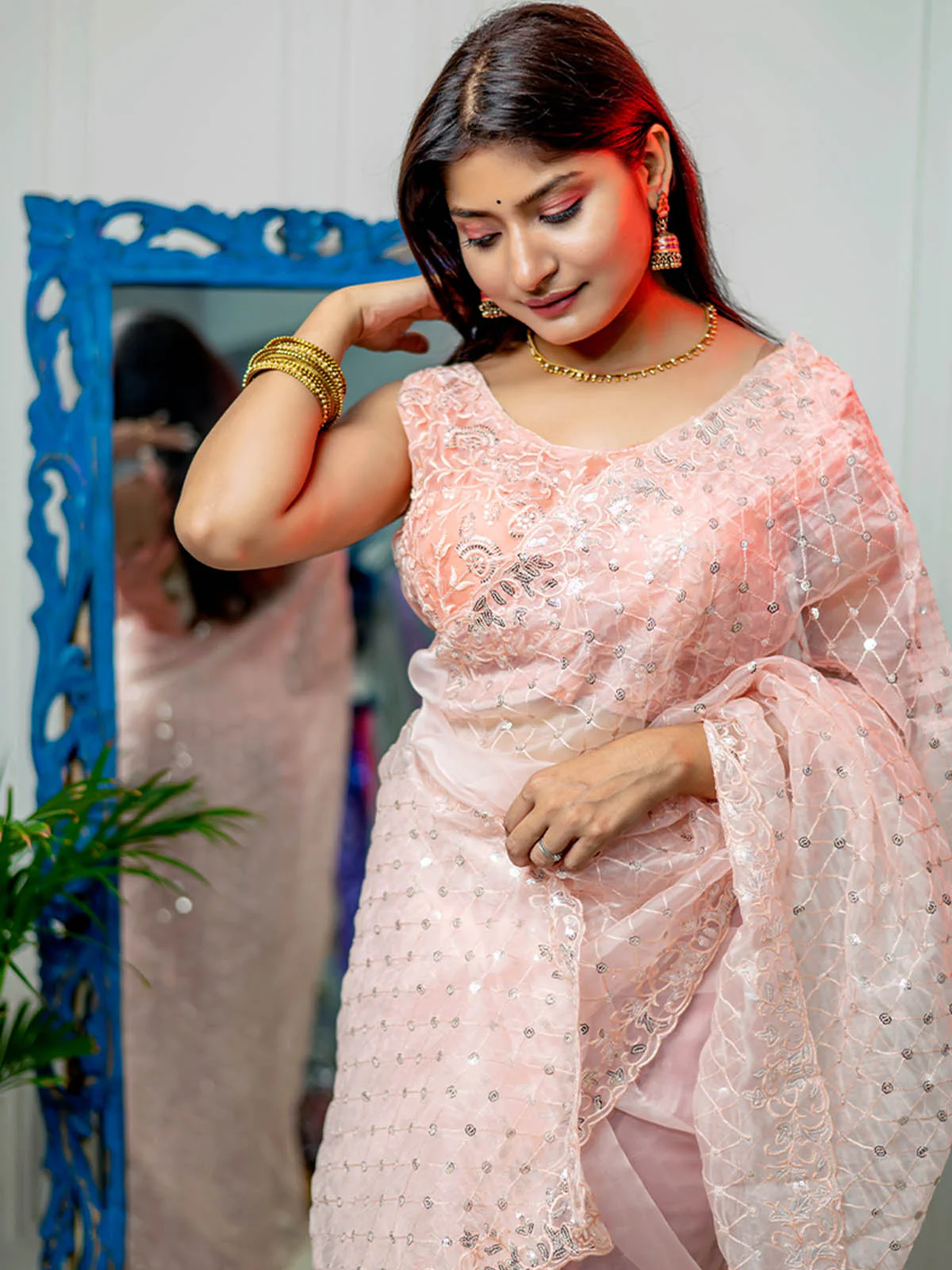 Odette Women Peach Organza Embellished Saree With Stitched Blouse - Image 3