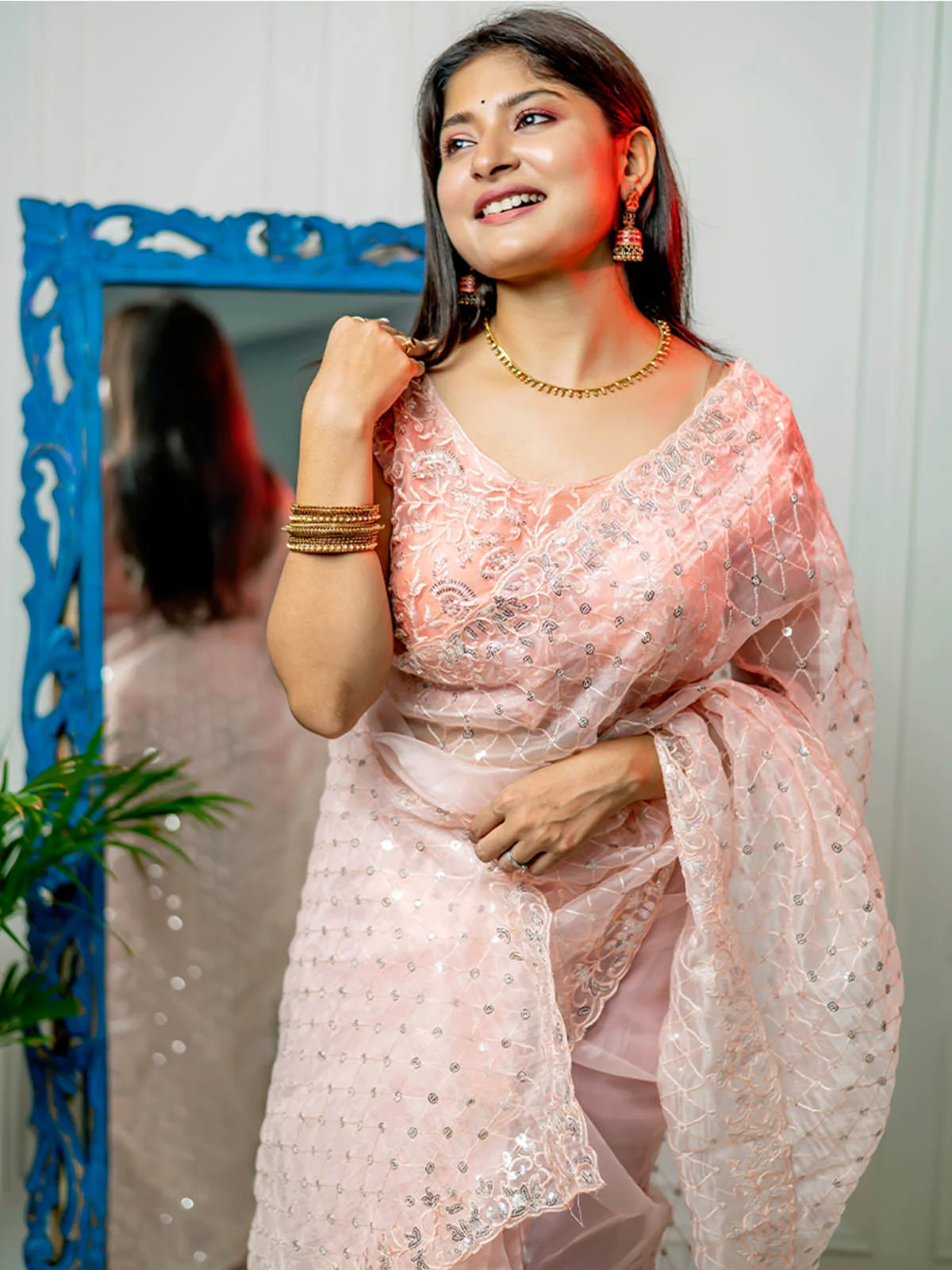 Odette Women Peach Organza Embellished Saree With Stitched Blouse - Image 5