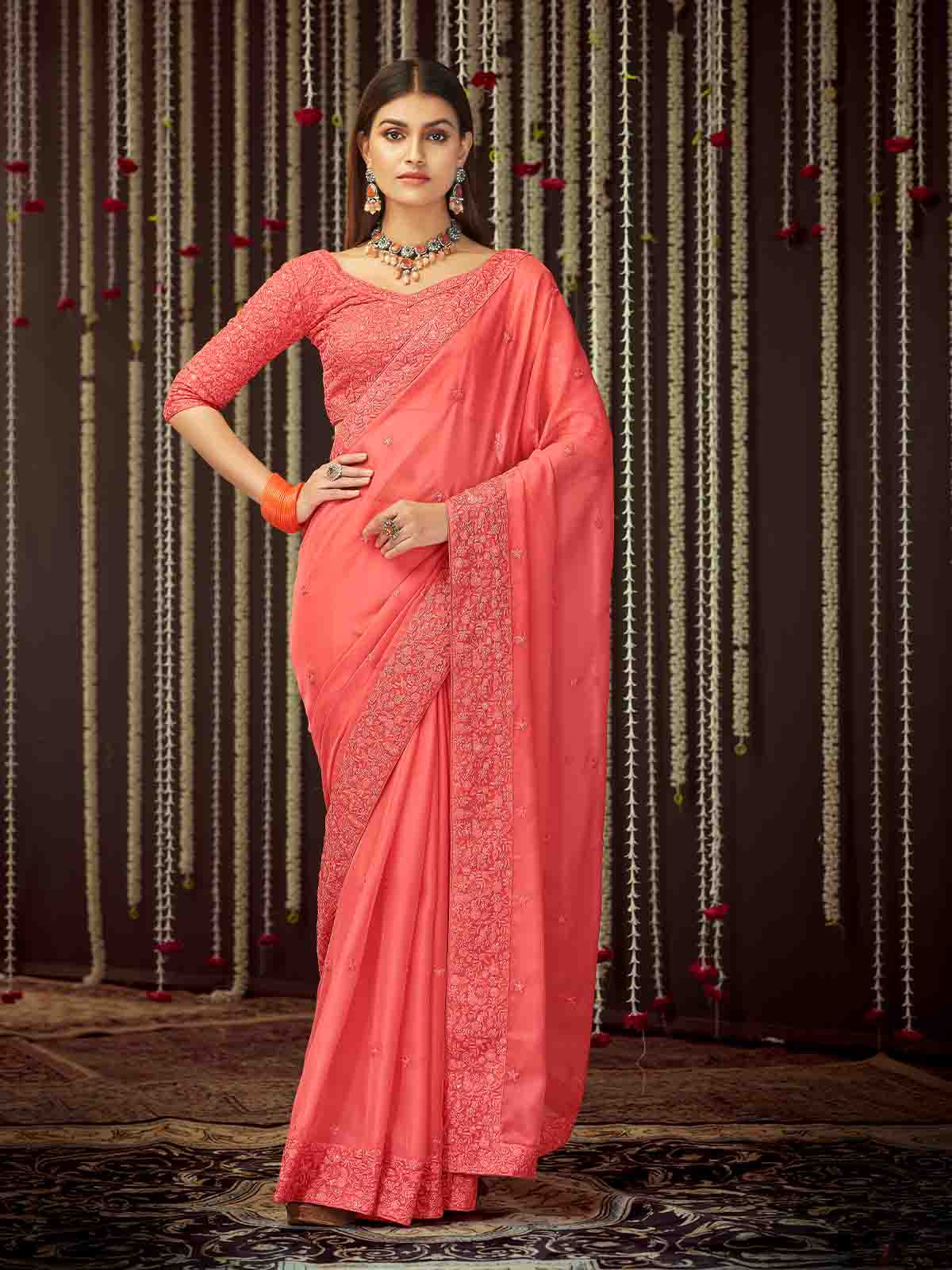 Odette Women Peach Organza Embroidered Saree With Unstitched Blouse