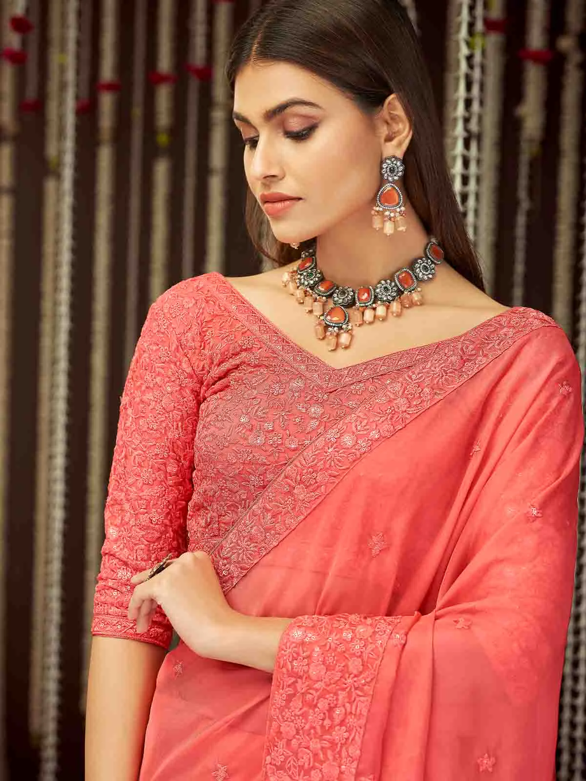 Odette Women Peach Organza Embroidered Saree With Unstitched Blouse - Image 2
