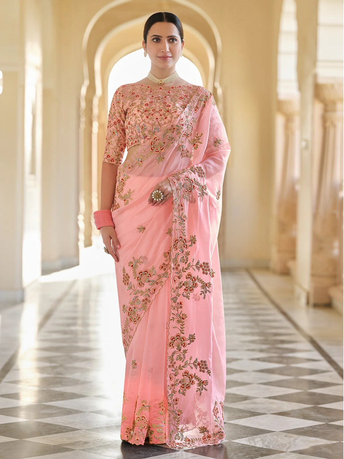 Odette Women Peach Organza Embroidered Saree With Unstitched Blouse