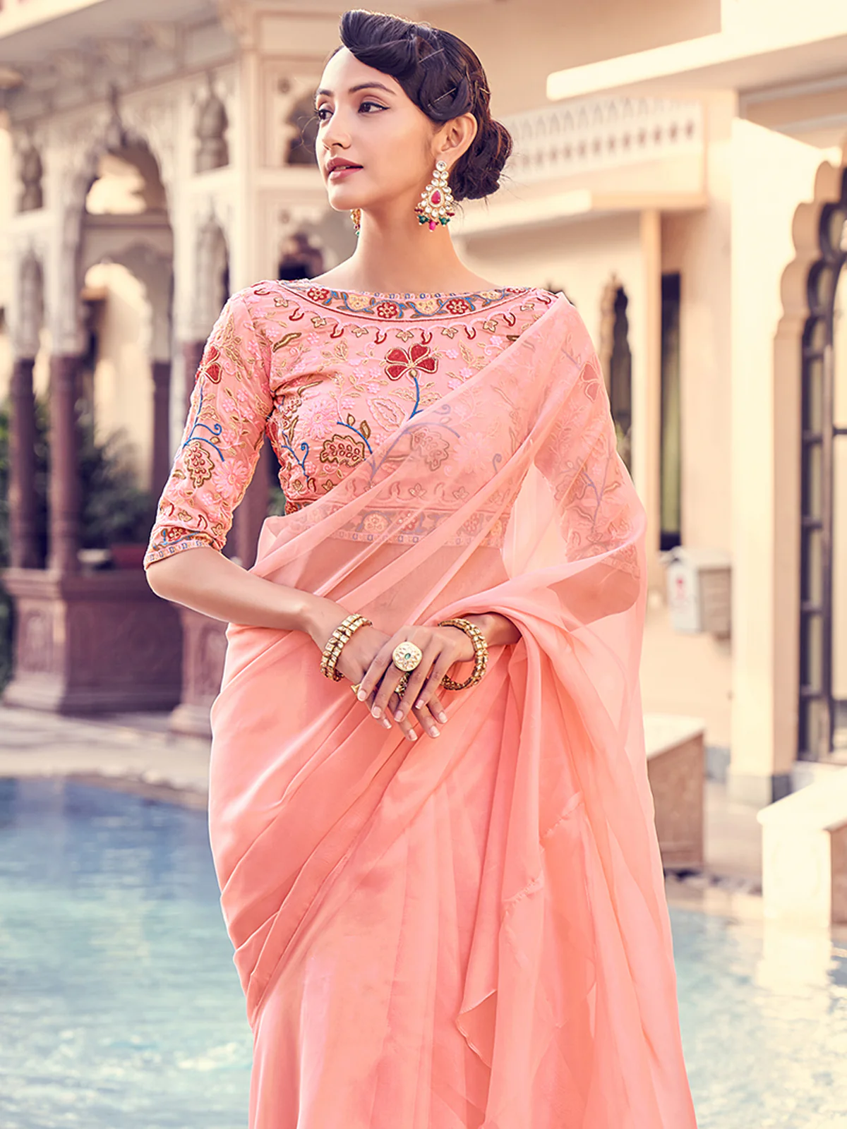 Odette Women Peach Organza Solid Saree With Blouse Piece - Image 4