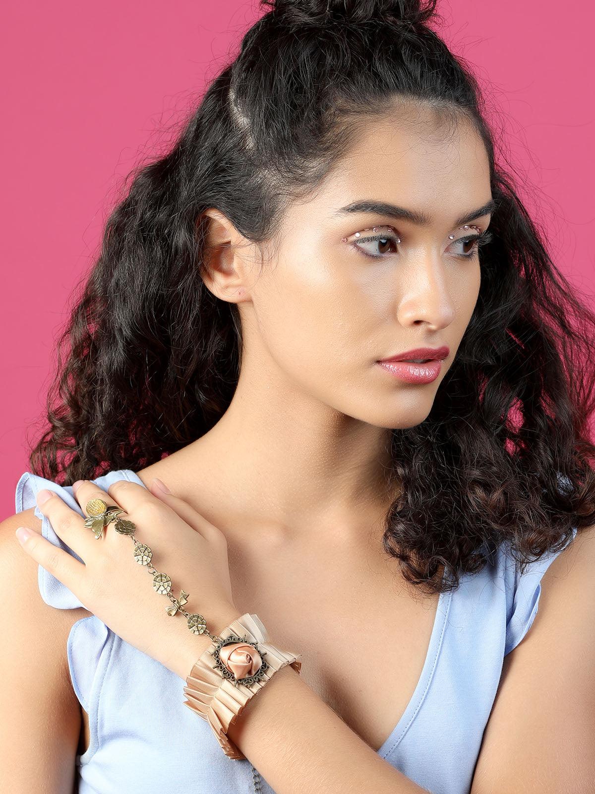 Odette Peach Plated Floral Bracelet Ring For Women