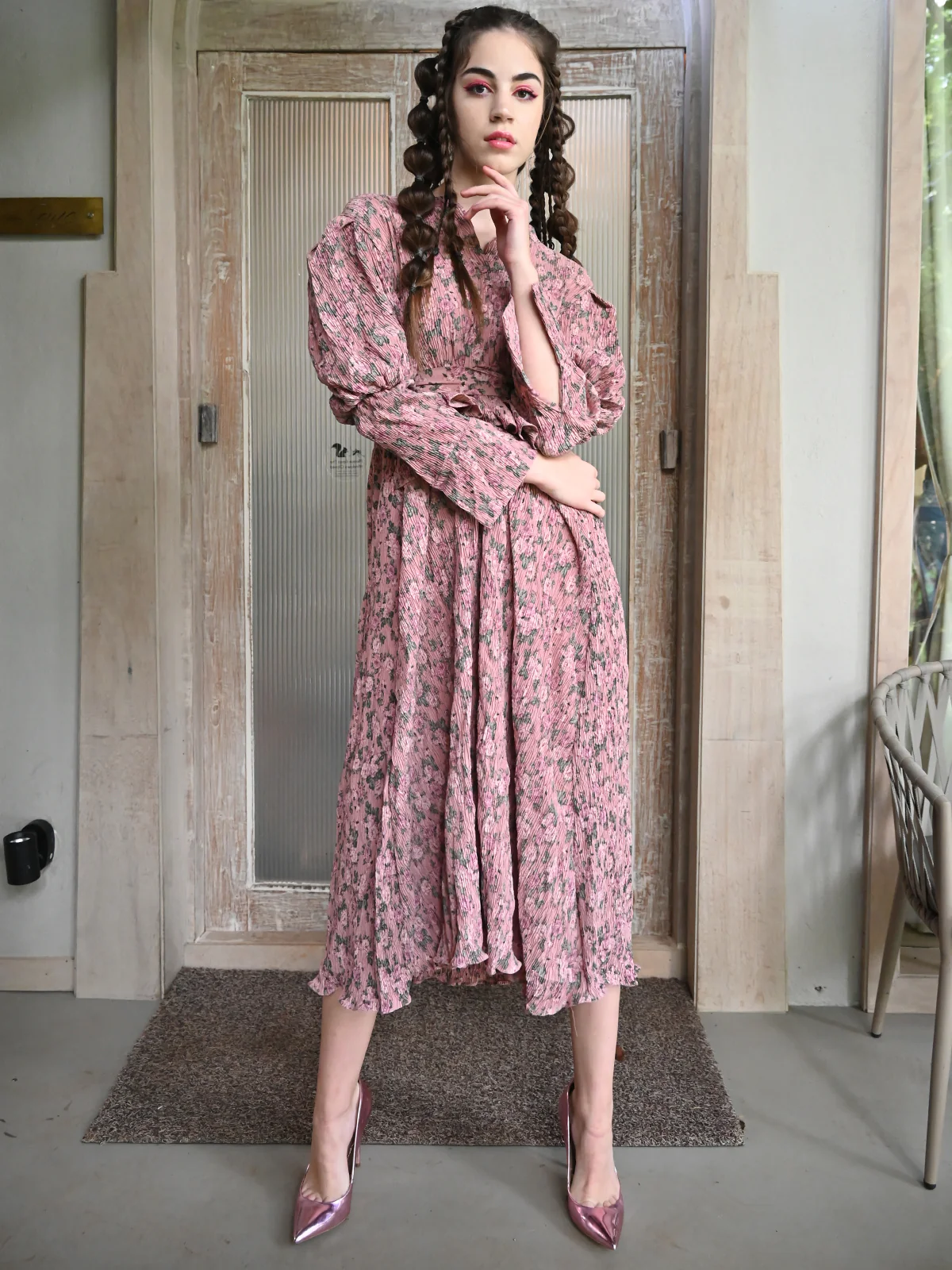 Odette Women Peach Printed Crinkled Polyester Stitched Dress - Image 4