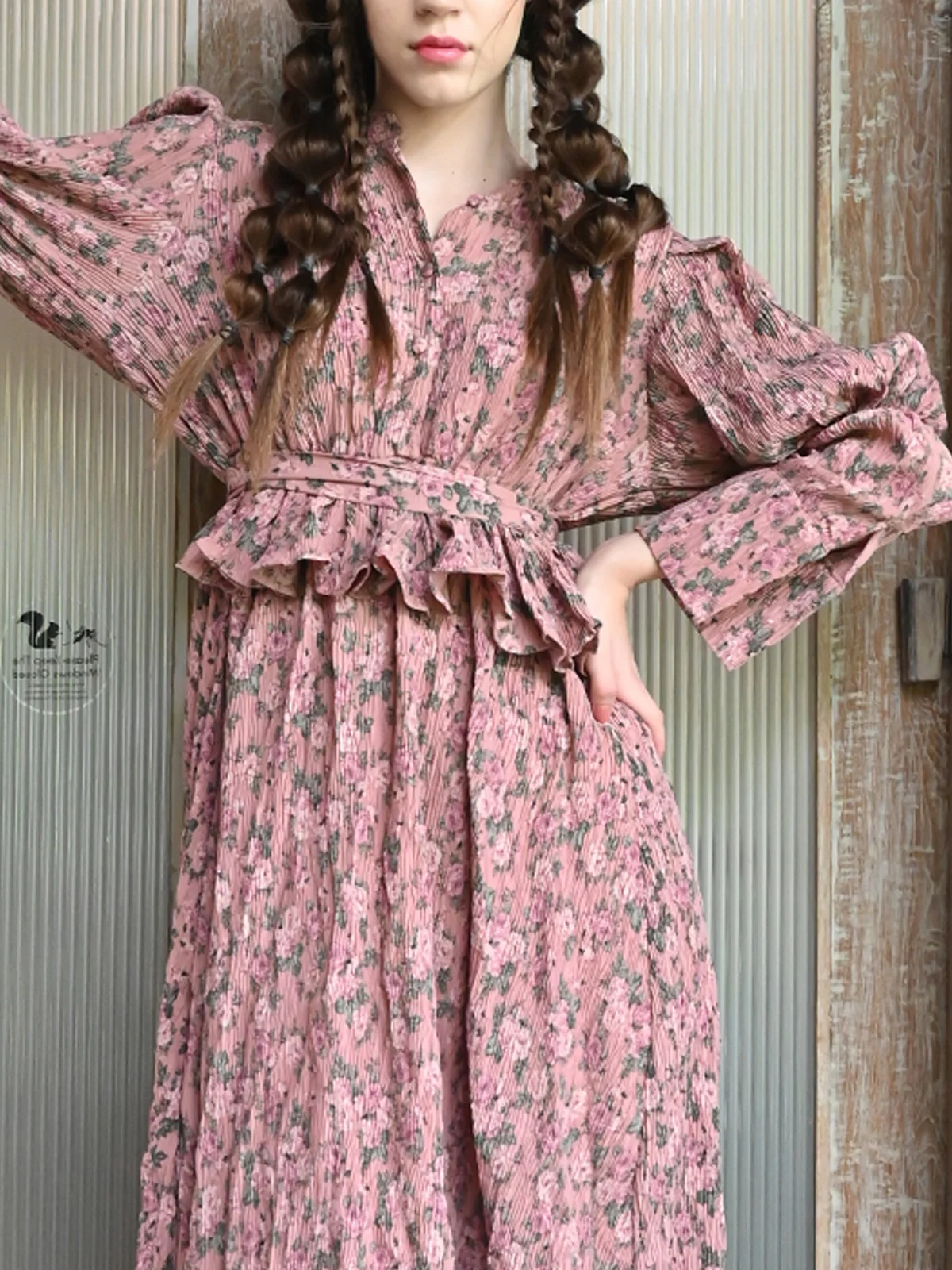 Odette Women Peach Printed Crinkled Polyester Stitched Dress - Image 5