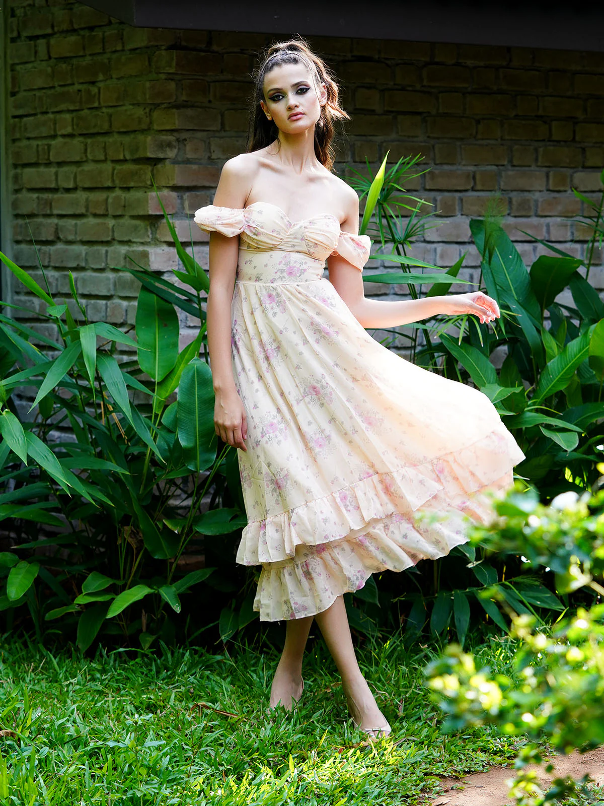 Odette Women Peach Printed Georgette Stitched Dress - Image 2