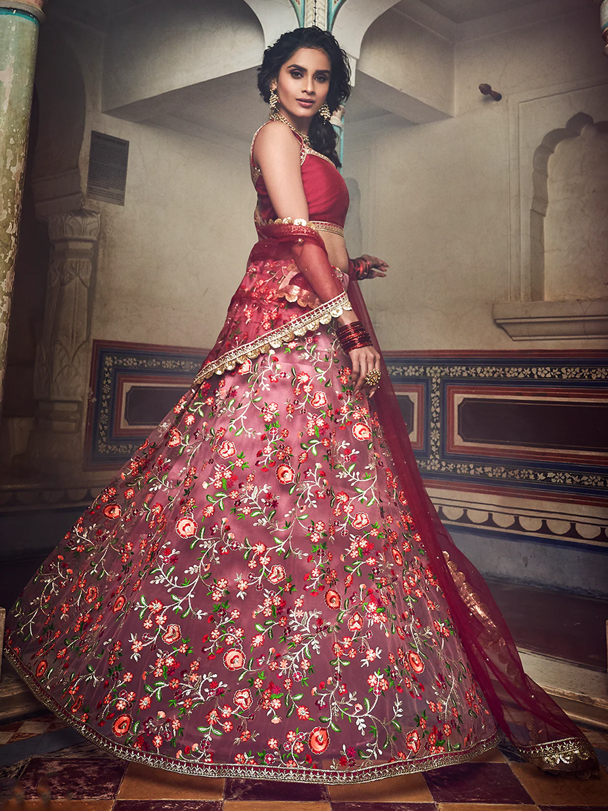 Odette Women Peach Embroidered Art Silk Semi Stitched Lehenga With Unstitched Blouse - Image 2