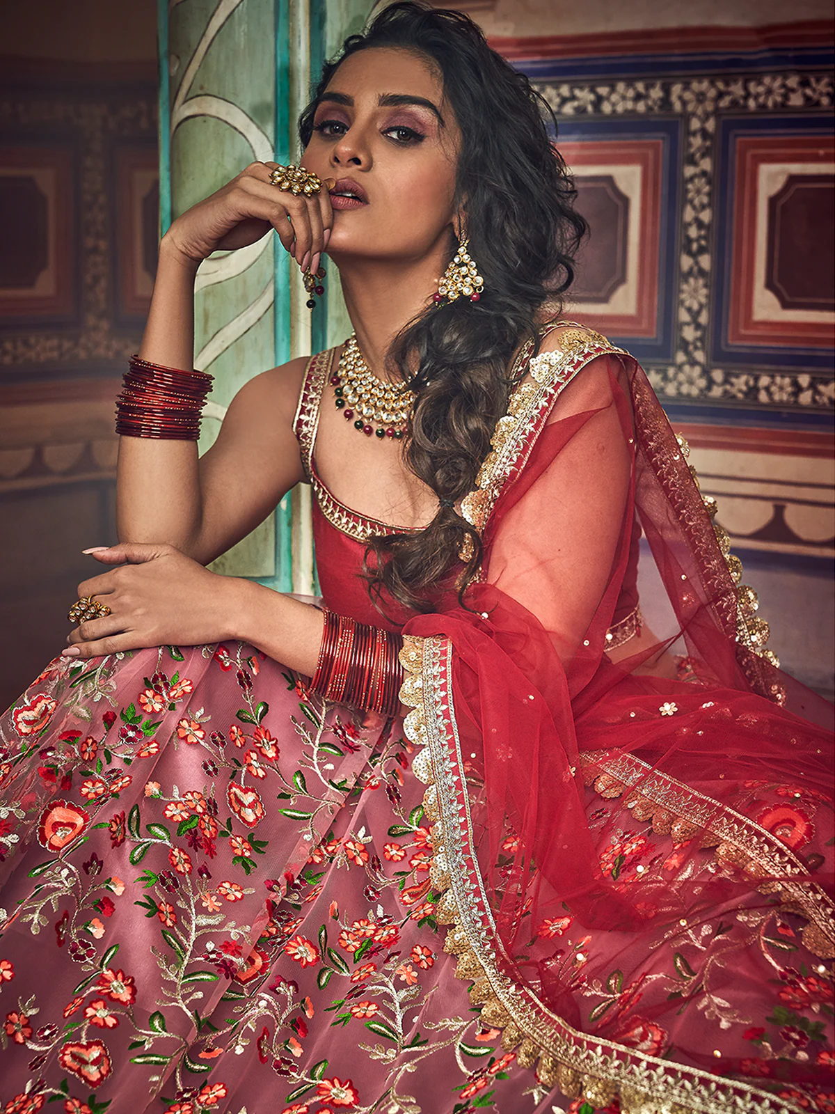 Odette Women Peach Embroidered Art Silk Semi Stitched Lehenga With Unstitched Blouse - Image 4