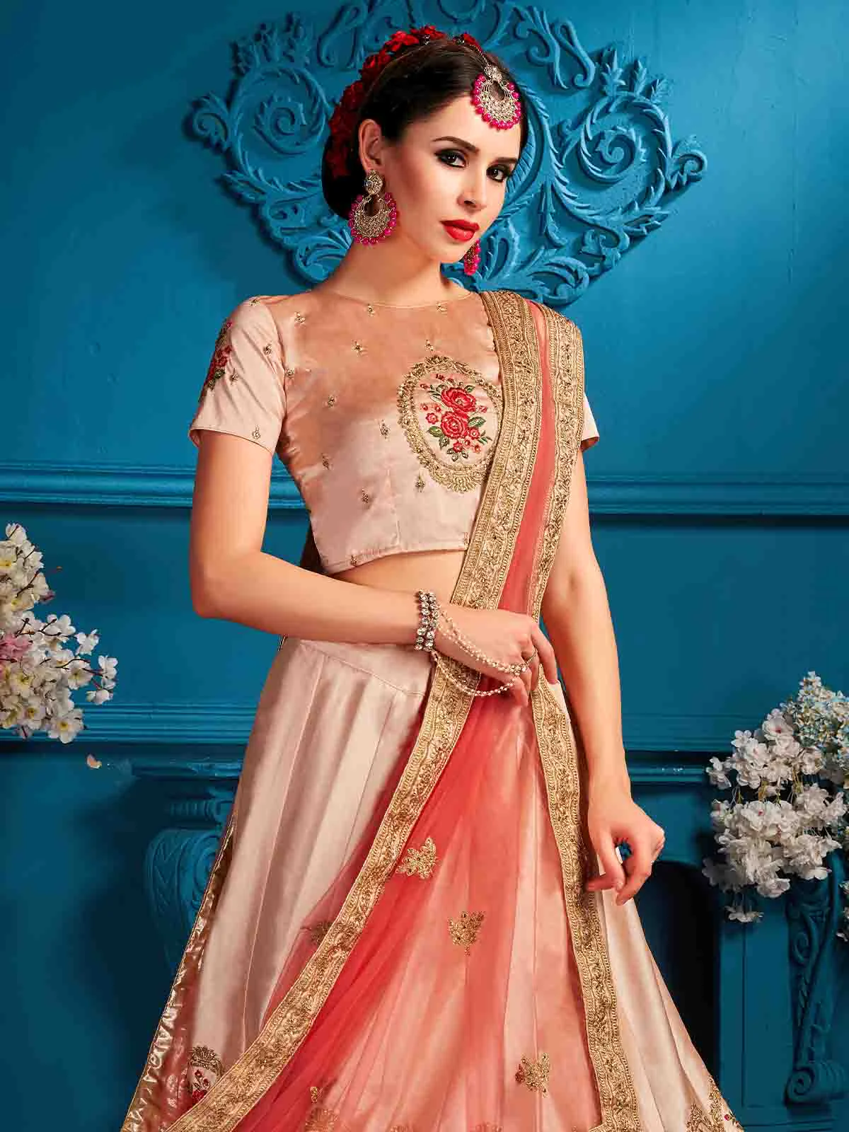 Odette Women Peach Resham,Zari,Stone,Gilter Sequins Semi Stitched Lehenga With Unstitched Blouse - Image 3