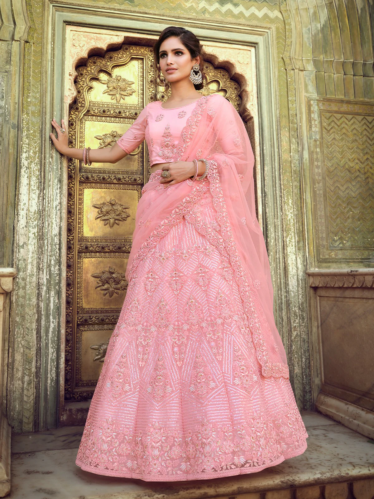 Odette Women Pink Embroidered Soft Net Semi Stitched Lehenga With Unstitched Blouse - Image 2