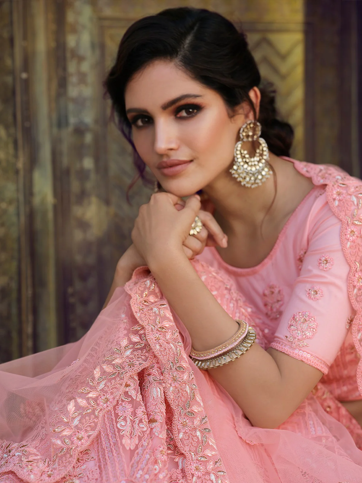 Odette Women Pink Embroidered Soft Net Semi Stitched Lehenga With Unstitched Blouse - Image 3