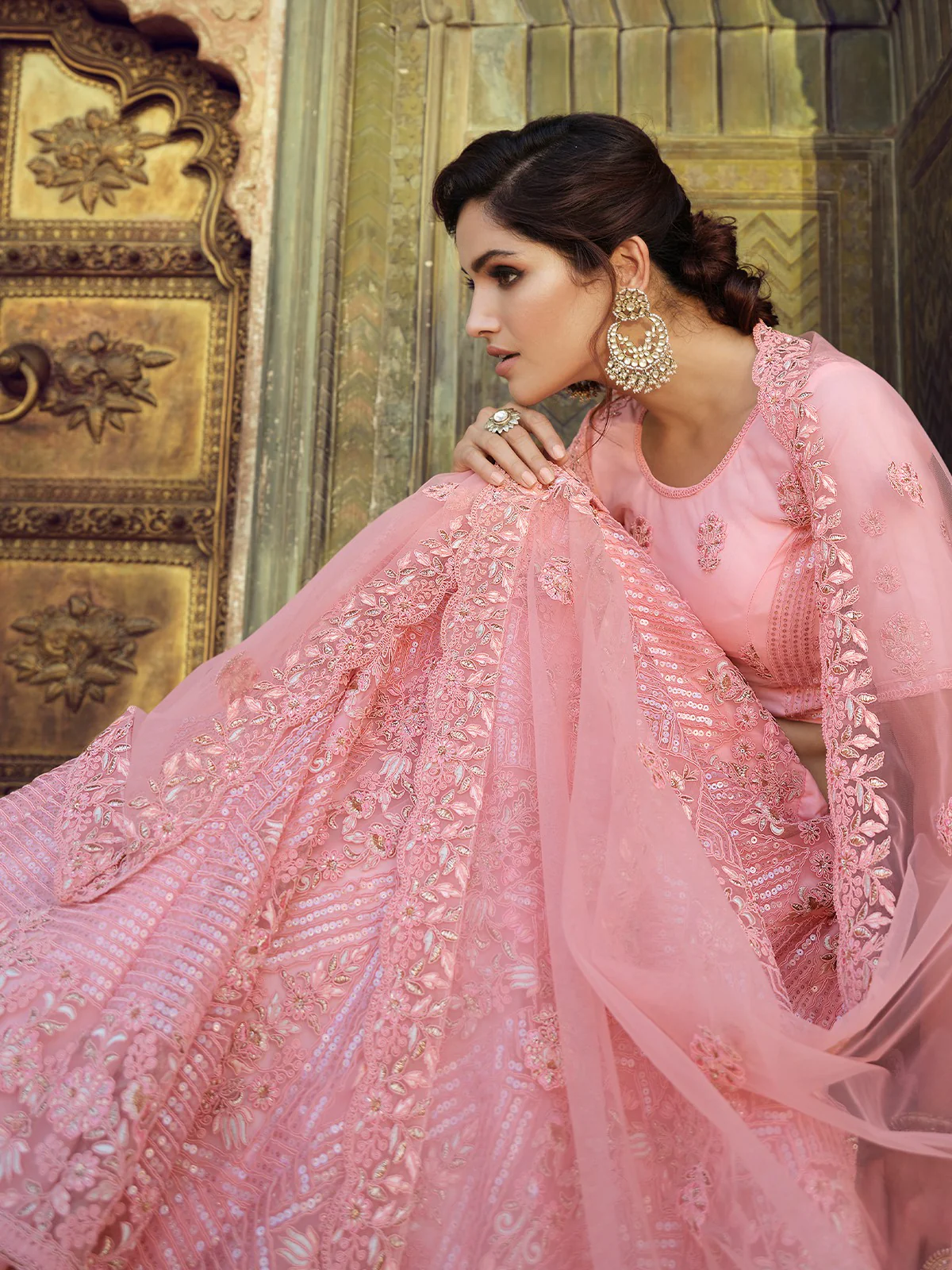Odette Women Pink Embroidered Soft Net Semi Stitched Lehenga With Unstitched Blouse - Image 4