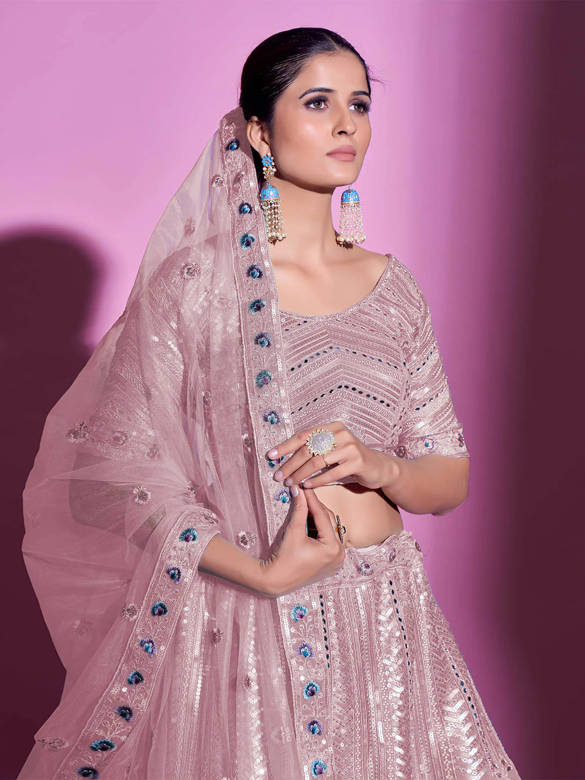 Odette Women Peach Silk Blend Embroidered Semi Stitched Lehenga With Unstitched Blouse - Image 5