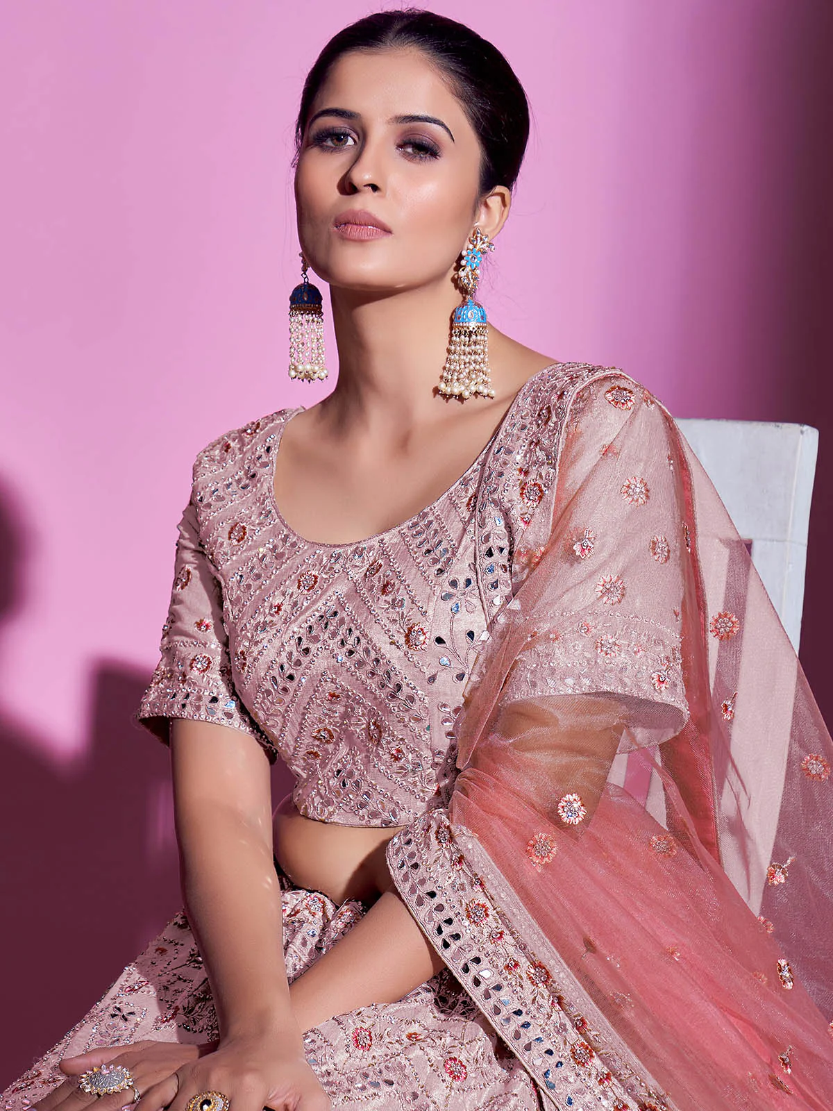 Odette Women Peach Silk Blend Embroidered Semi Stitched Lehenga With Unstitched Blouse - Image 5