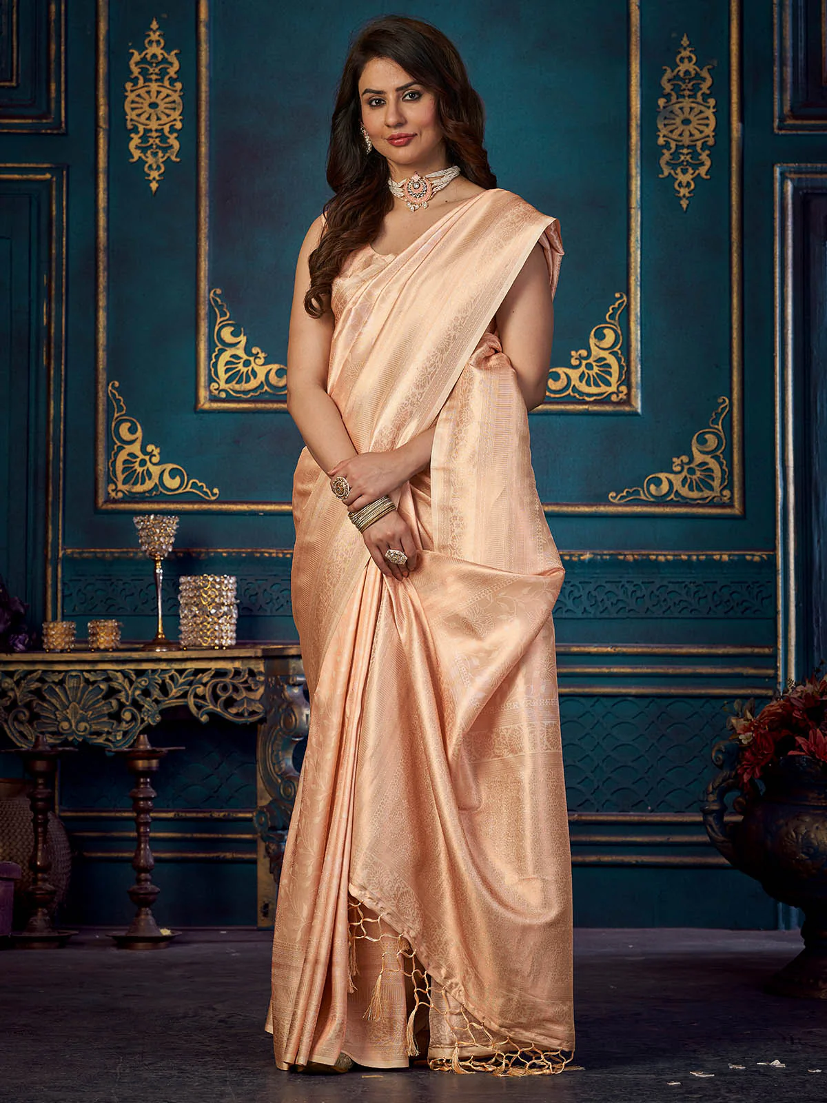 Odette Women Peach Silk Blend Woven Saree With Unstitched Blouse