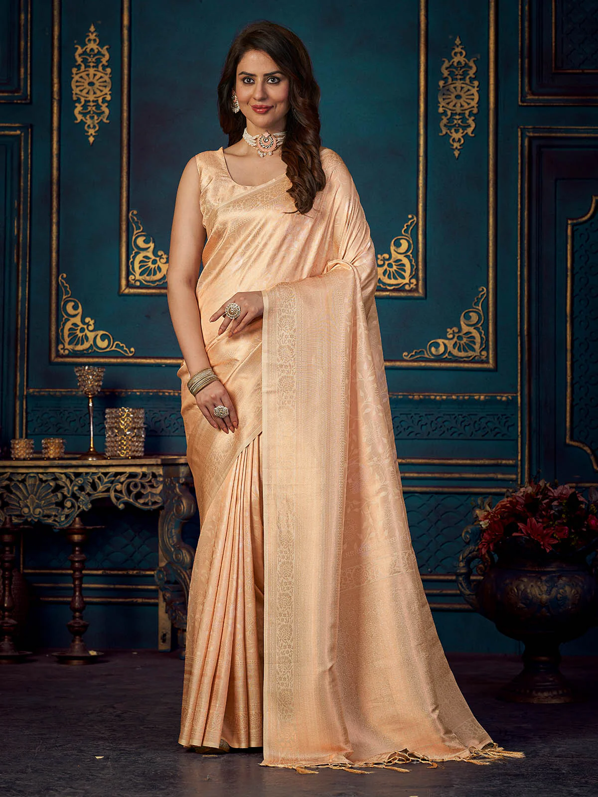 Odette Women Peach Silk Blend Woven Saree With Unstitched Blouse - Image 2
