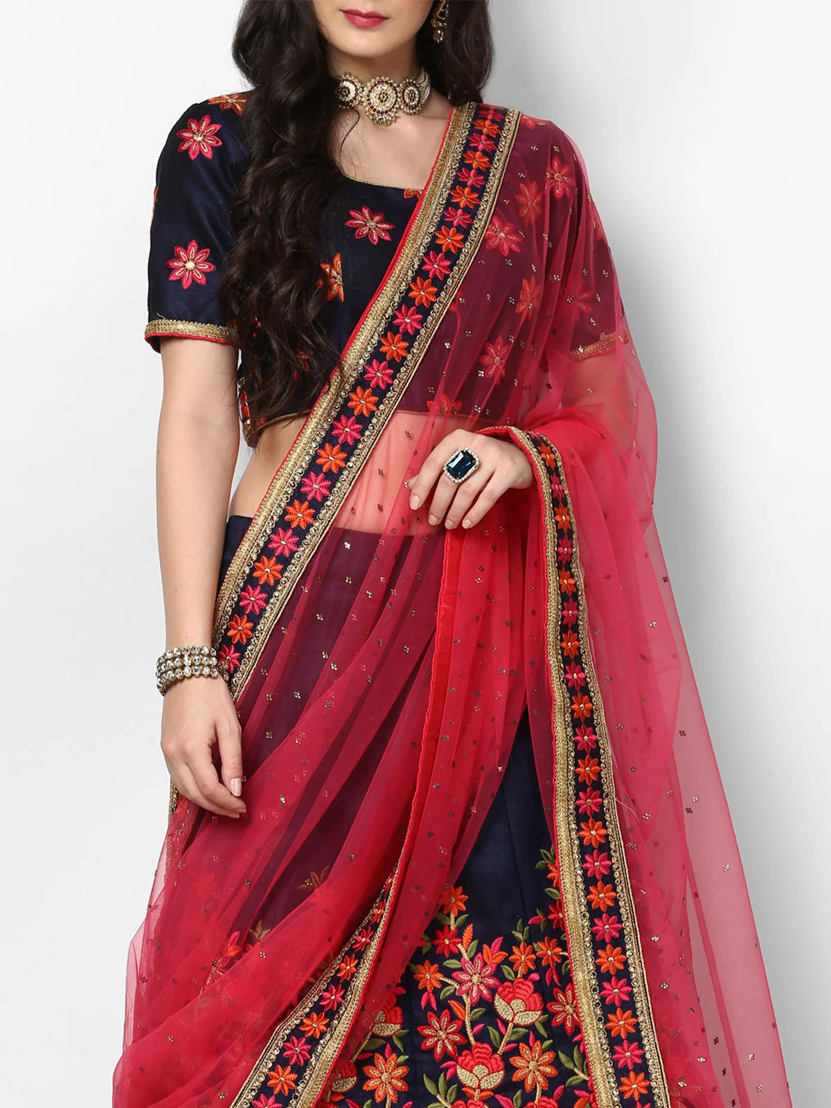 Odette Women Blue And Pink Art Silk Semi Stitched Lehenga With Unstitched Blouse - Image 3