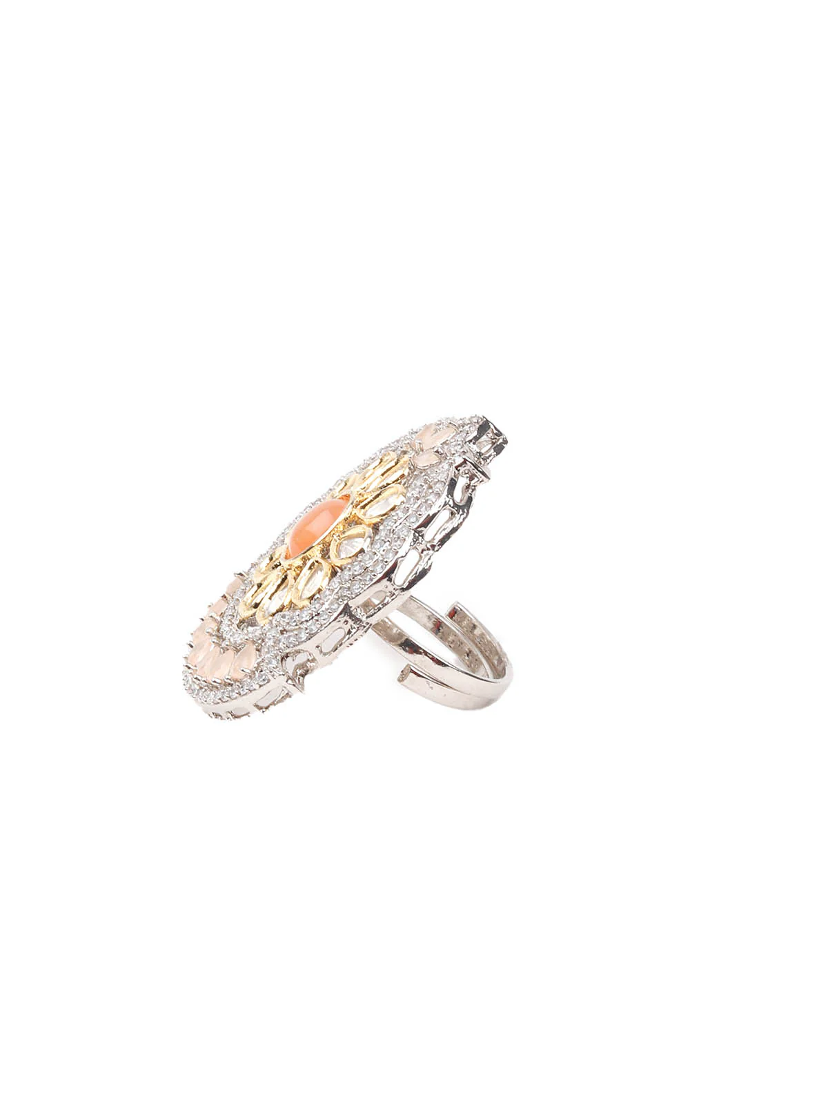 Odette Women Peach Stone Studded Mixed Metal Ring - Image 4