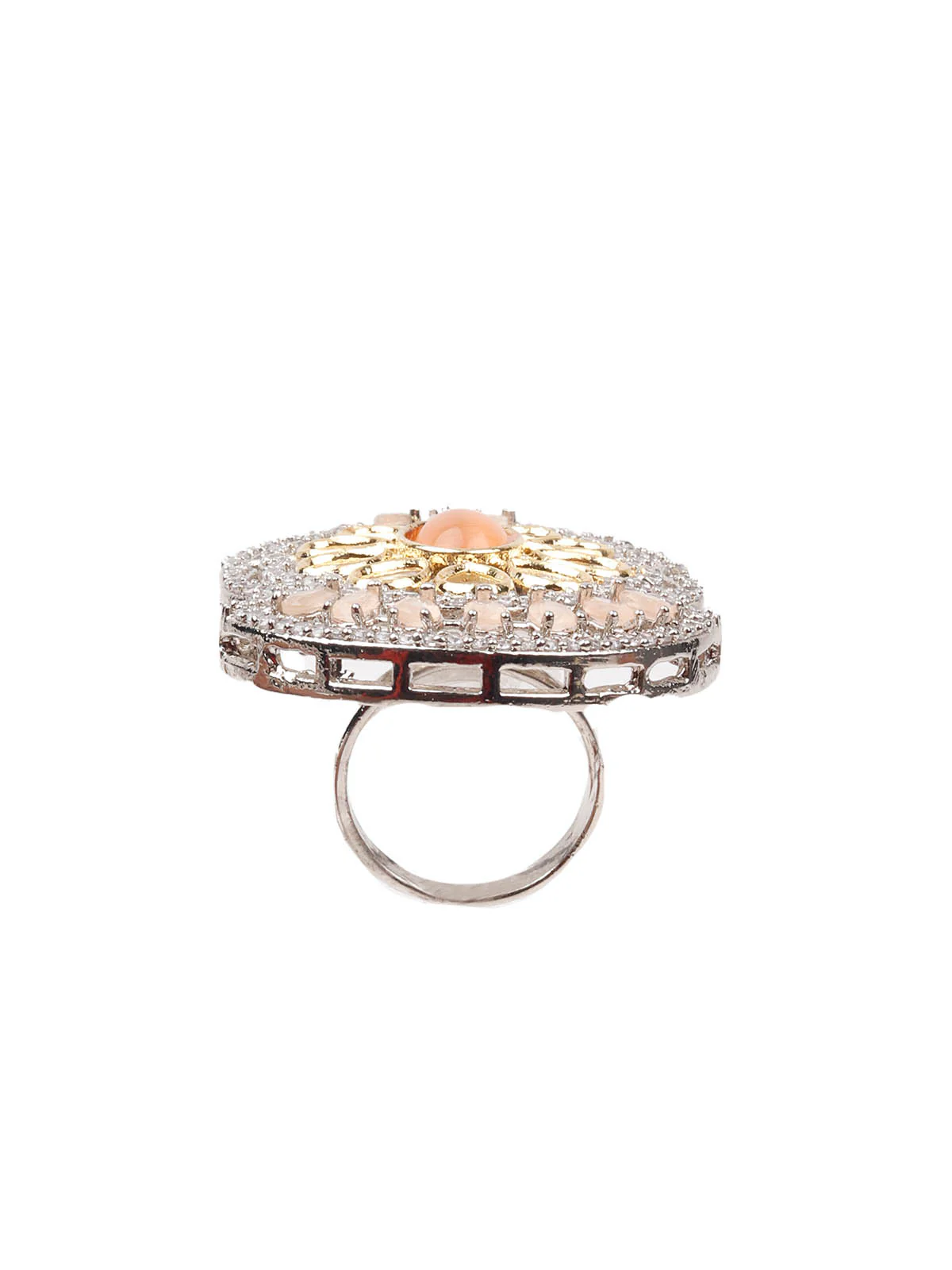 Odette Women Peach Stone Studded Mixed Metal Ring - Image 6