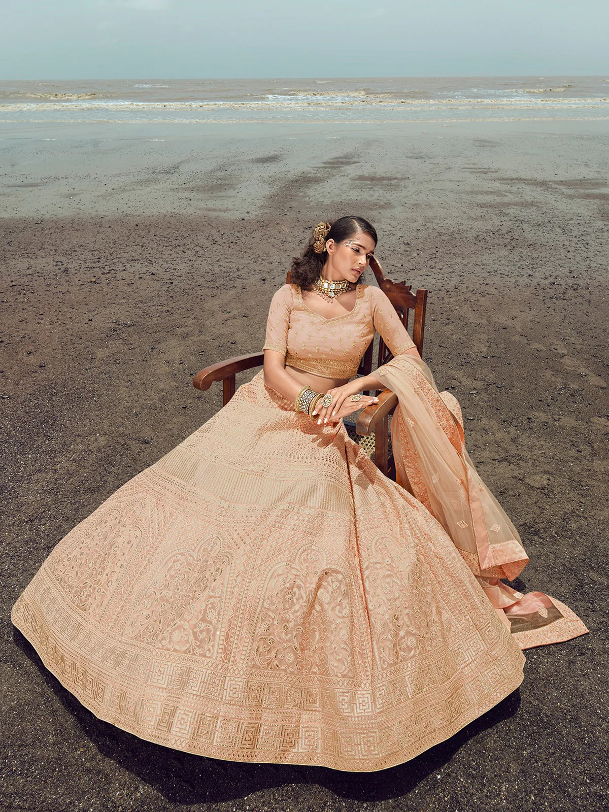 Odette Women Peach Organza Embroidered Semi Stitched Lehenga With Unstitched Blouse - Image 2