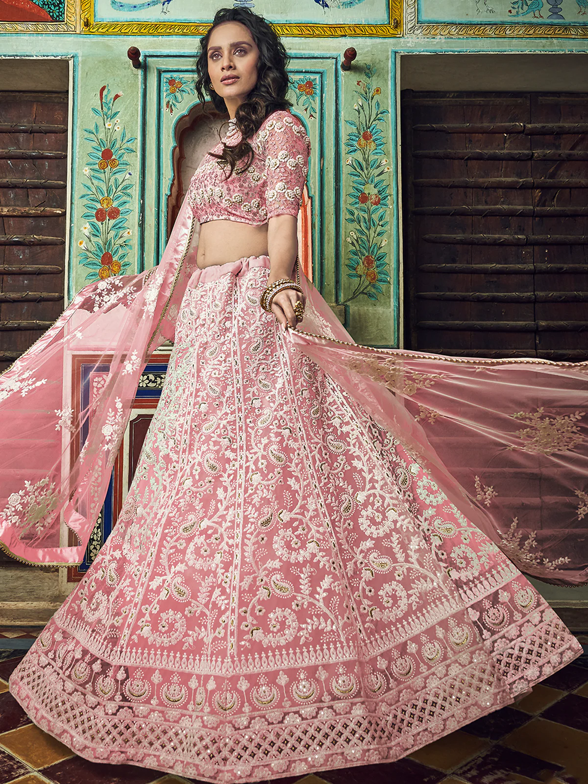 Odette Women Pink Embroidered Soft Net Semi Stitched Lehenga With Unstitched Blouse - Image 2