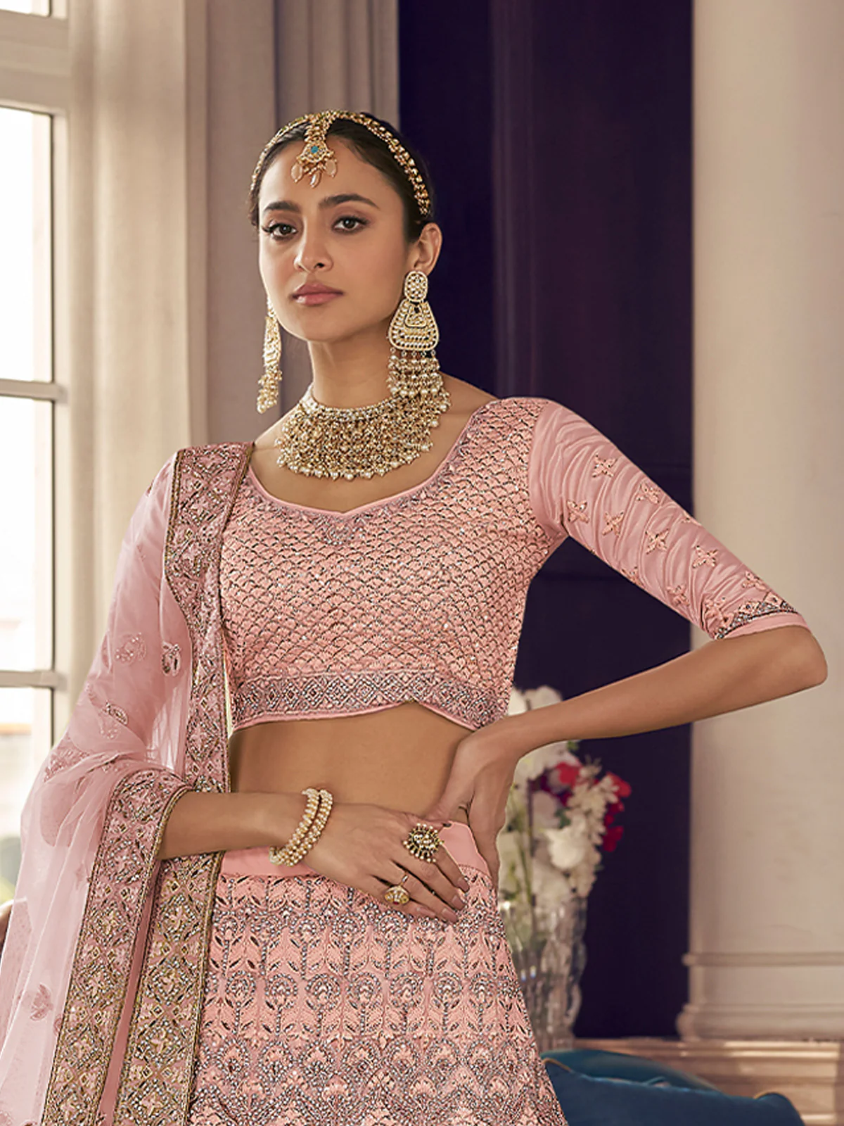 Odette Women Peach Crepe Semi Stitched Lehenga With Unstitched Blouse - Image 2
