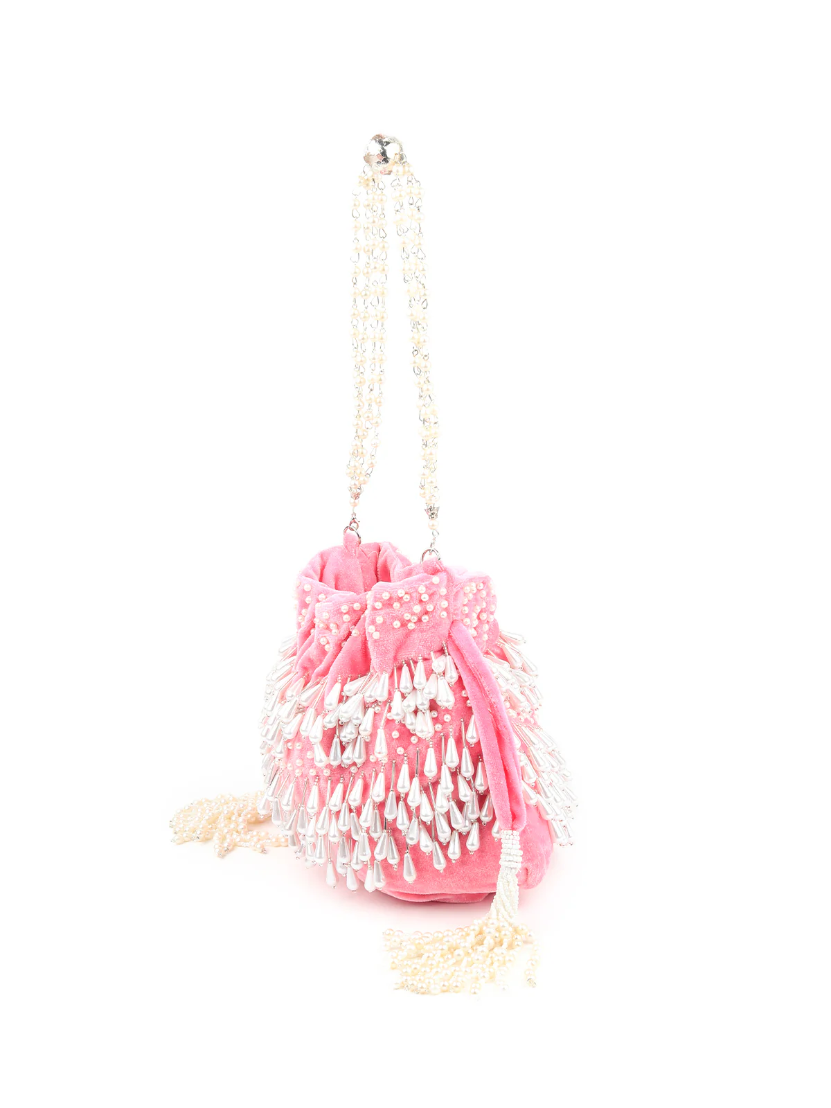 Odette Women Pink Velvet Pearl Dangler Mini Bag - Image 3