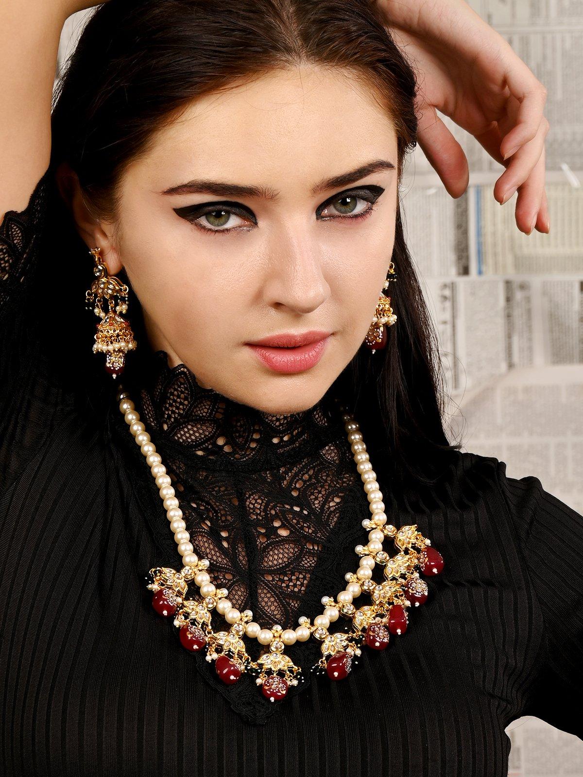Odette Women Pearl Necklace With Kundan Work Finish