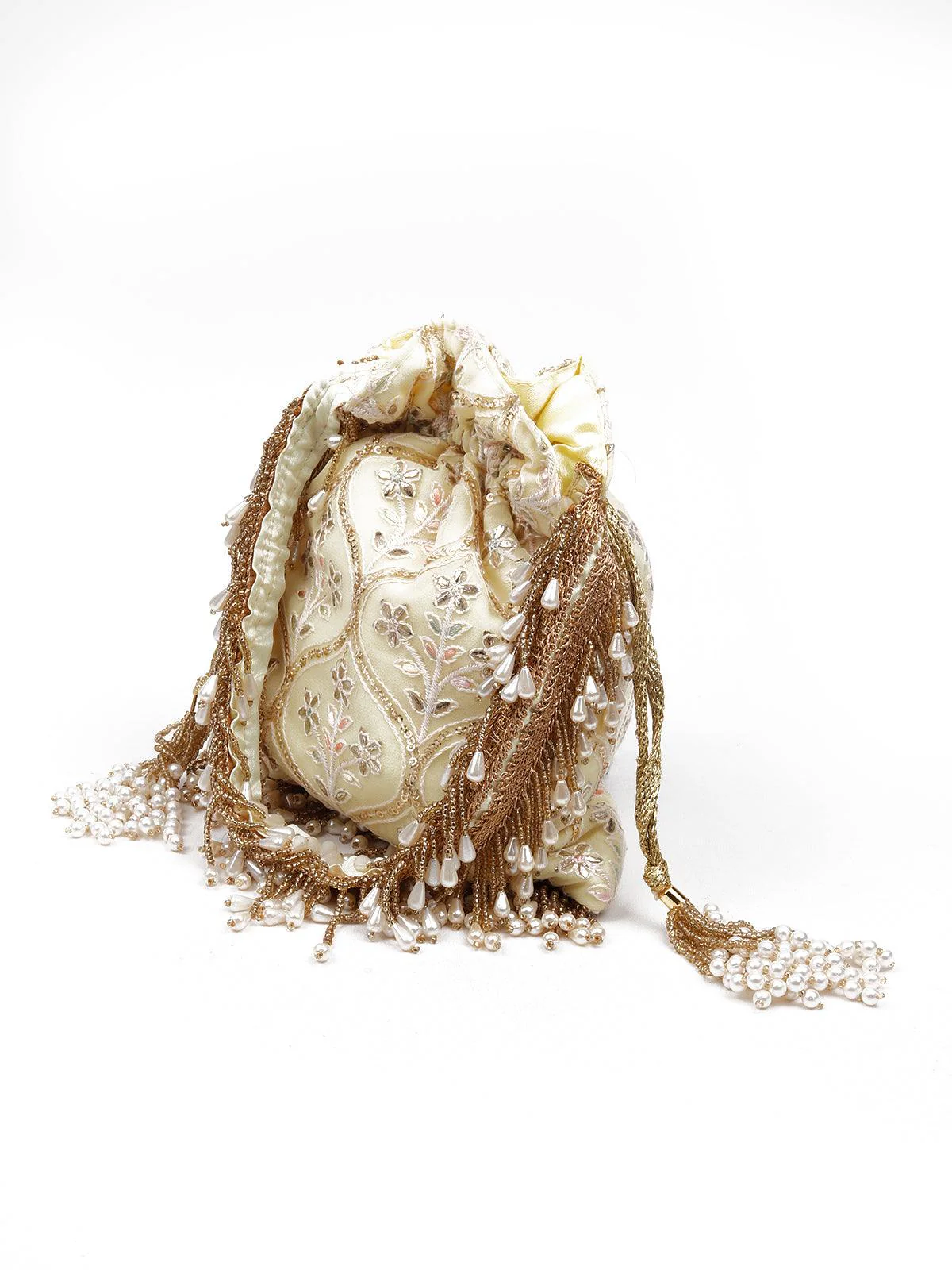Odette Women Pearls Embellished Yellow Potli Bag - Image 4