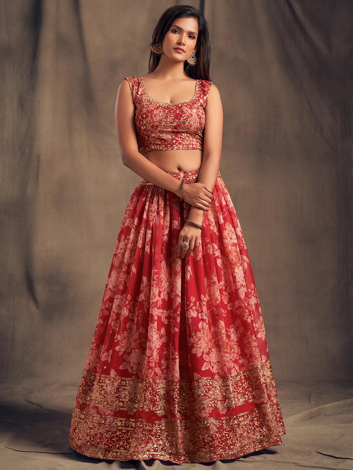 Odette Women Red Poly Georgette Lehenga With Blouse - Image 3