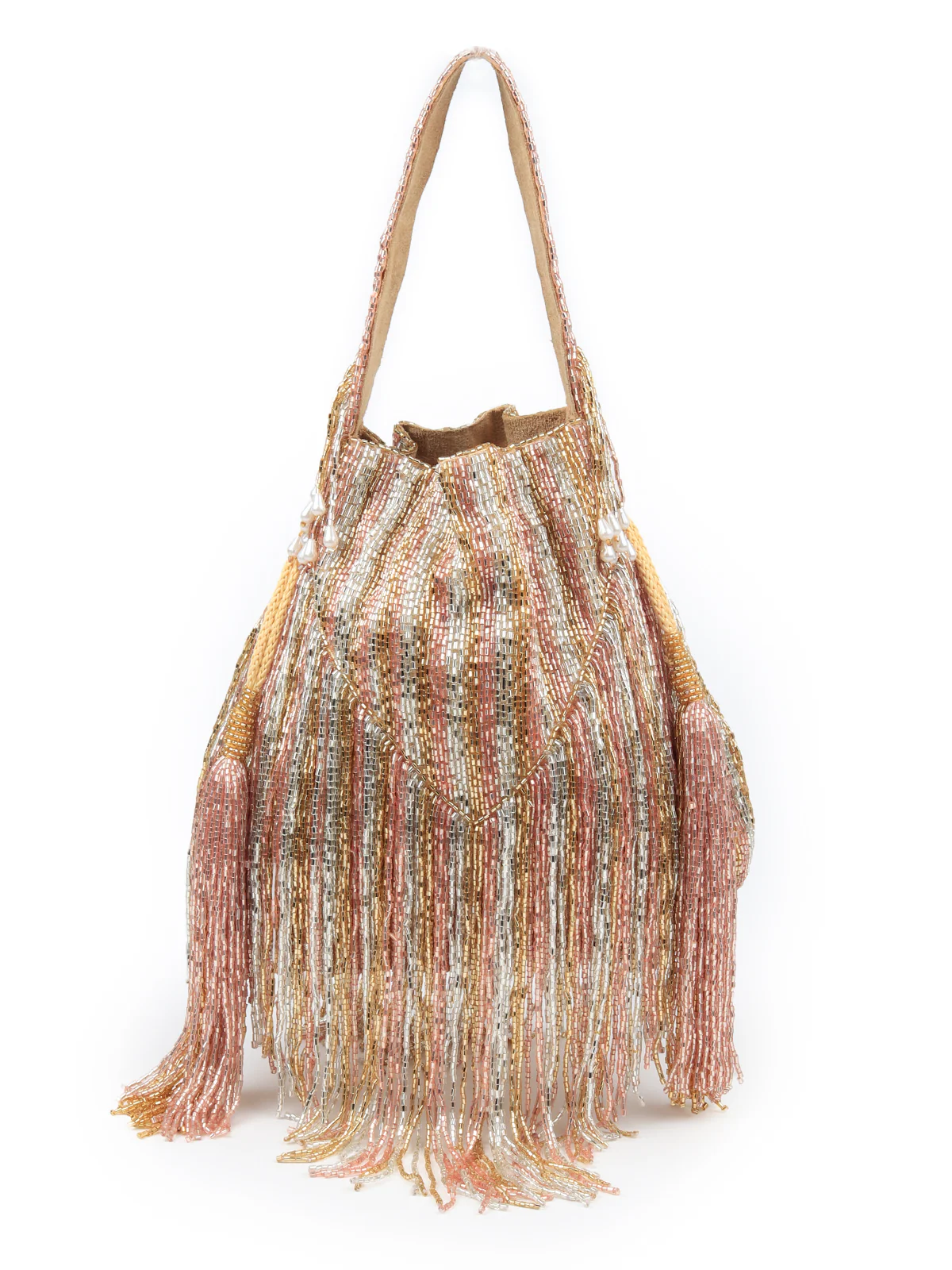 Odette Women Pink And Gold Beaded Potli Bag With Tassels - Image 3