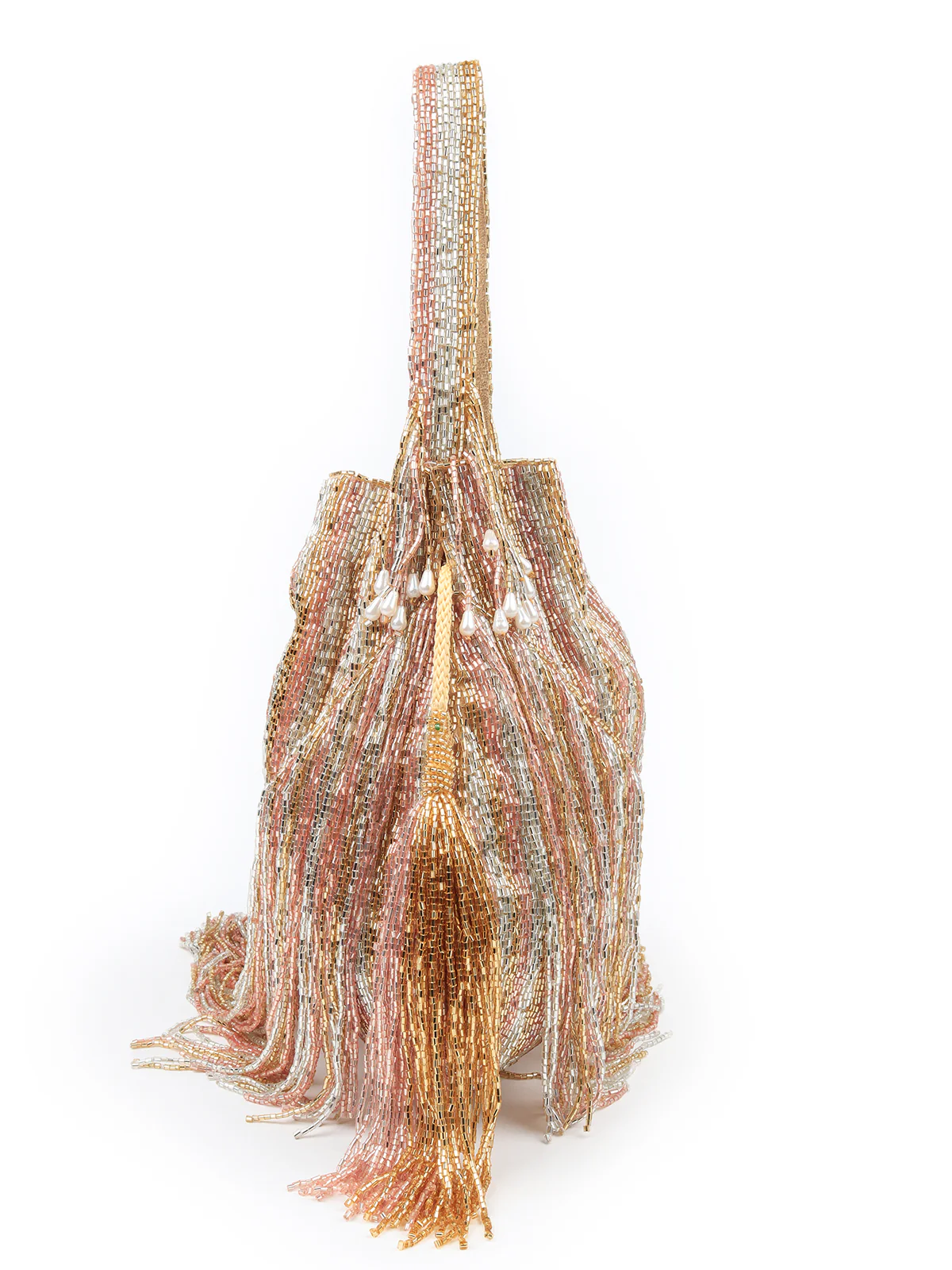 Odette Women Pink And Gold Beaded Potli Bag With Tassels - Image 4
