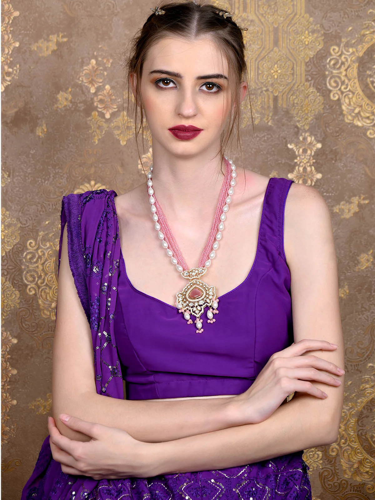 Odette Women Pink And Gold Long Necklace Set - Image 2