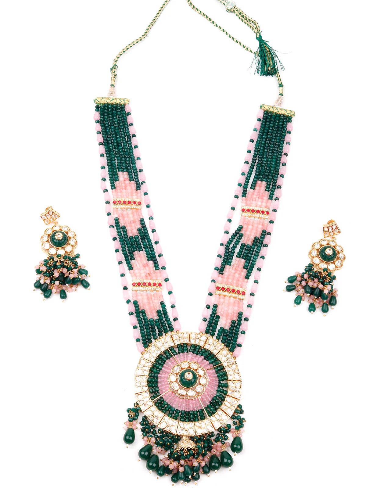 Odette Women Pink And Green Long Necklace Set - Image 3