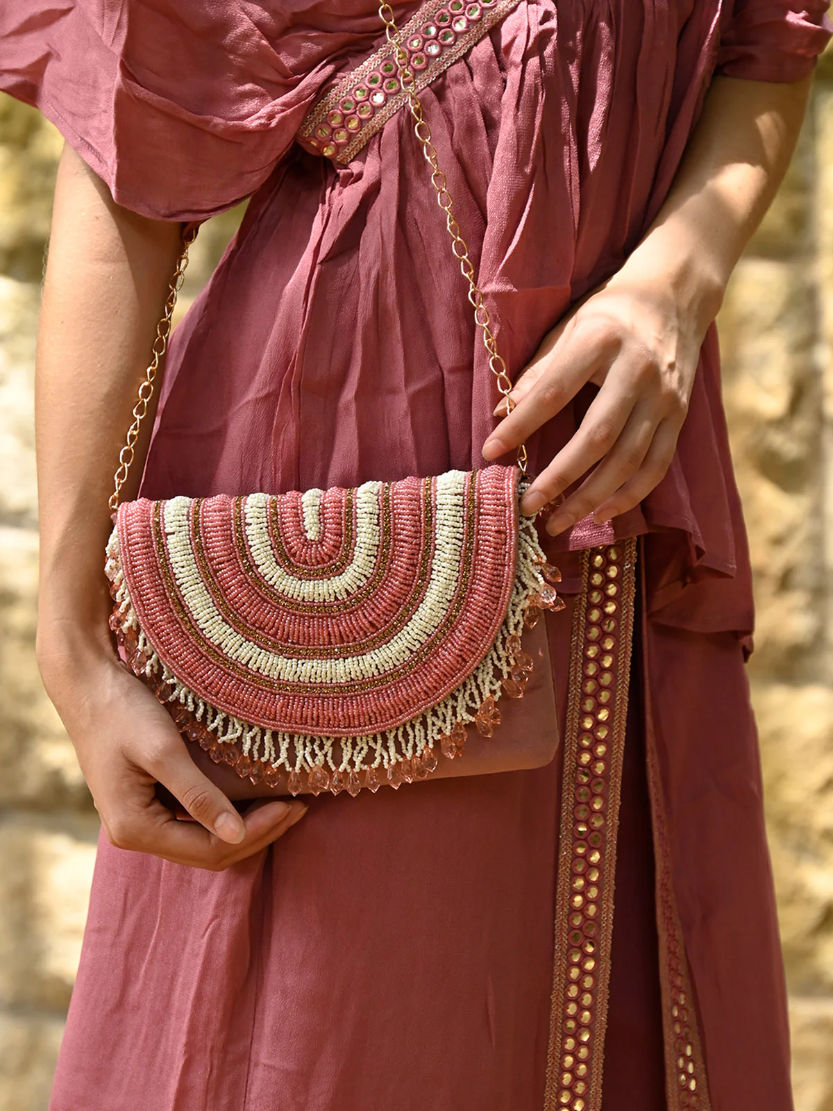 Odette Women Pink And White Embroidered Clutch