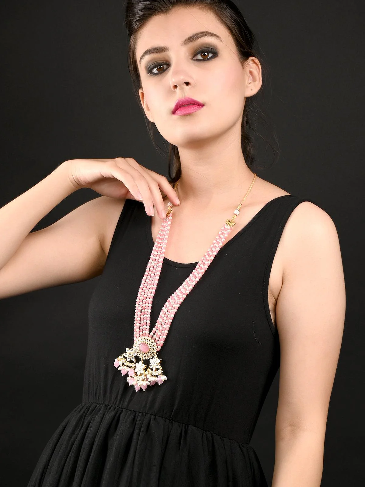 Odette Women Pink And White Multi Layered Kundan Necklace - Image 2